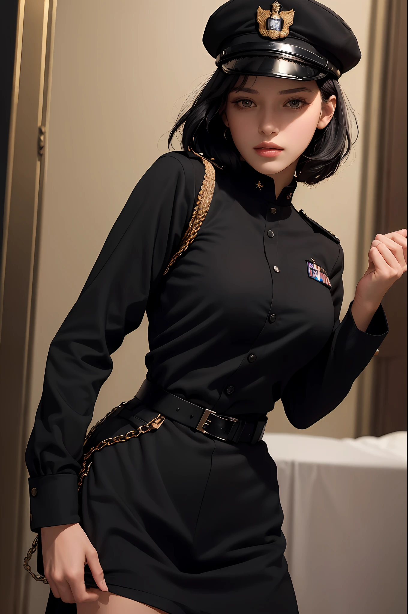 (highest resolution, distinct_image) best quality, woman, masterpiece, high detail, semi-realistic, black short hair, black hair, bangs, 21 years old, mature, young, black clothes, black uniform, black cap, military school beauty Heroic and heroic indoor background exquisite and exquisite facial features