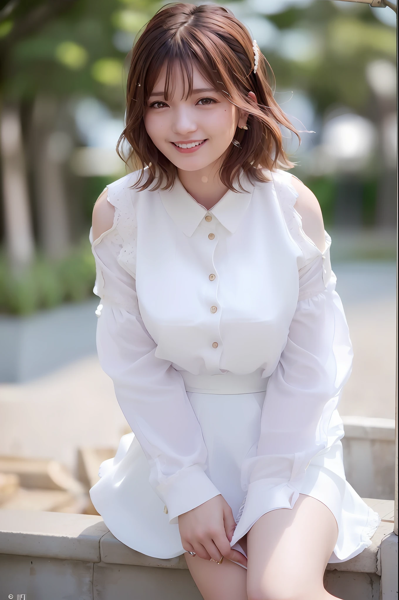 (skin spots: 1.2), (skin dentation), Black eyes, 1 female, 25 years old, ((((Female))), Solo, Real, Best Quality, Photorealistic, Masterpiece, 8K, High Resolution, Solo, Very Detailed Face, (Professional Lighting, Bokeh), (Light Particle, Lens Flare, Luminous Particle: 0.6), (Dynamic Pause: 1.2), Soft Lighting, Top Angle View, fashionable and trendy, Japan, street, urban, Tokyo, Minato, ((daytime)), sky, ((view viewer:1)), (look at camera), (portrait: 0.6), cowboy shot, gorgeous, standing, keep original facial proportions, wide shoulders, full body, (small breasts), (short hair), brown hair, floating hair, lips, lipstick, seductive smile, floating hair, smile, open_mouth, teeth, (white blouse without sleeves), (jumper skirt), eyelashes, moles, (moles under the eyes: 1), plump body, plump breasts, bursting breasts, large breasts, intricate lace prom dresses, miniskirts, lace hair ornaments, garden weddings, garter stockings, garter belts,