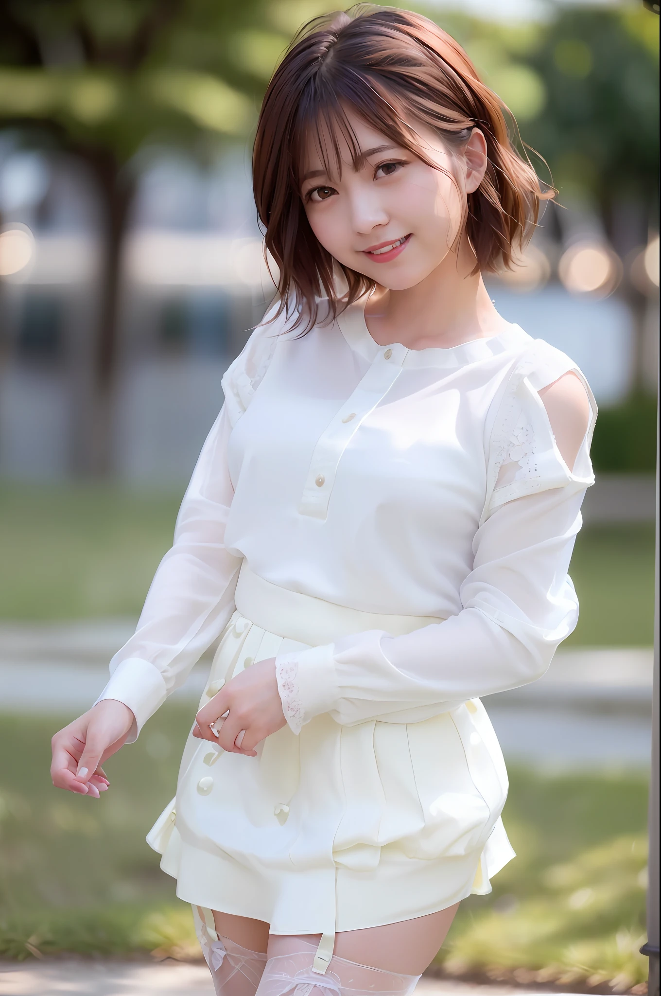 (skin spots: 1.2), (skin dentation), Black eyes, 1 female, 25 years old, ((((Female))), Solo, Real, Best Quality, Photorealistic, Masterpiece, 8K, High Resolution, Solo, Very Detailed Face, (Professional Lighting, Bokeh), (Light Particle, Lens Flare, Luminous Particle: 0.6), (Dynamic Pause: 1.2), Soft Lighting, Top Angle View, fashionable and trendy, Japan, street, urban, Tokyo, Minato, ((daytime)), sky, ((view viewer:1)), (look at camera), (portrait: 0.6), cowboy shot, gorgeous, standing, keep original facial proportions, wide shoulders, full body, (small breasts), (short hair), brown hair, floating hair, lips, lipstick, seductive smile, floating hair, smile, open_mouth, teeth, (white blouse without sleeves), (jumper skirt), eyelashes, moles, (moles under the eyes: 1), plump body, plump breasts, bursting breasts, large breasts, intricate lace prom dresses, miniskirts, lace hair ornaments, garden weddings, garter stockings, garter belts,