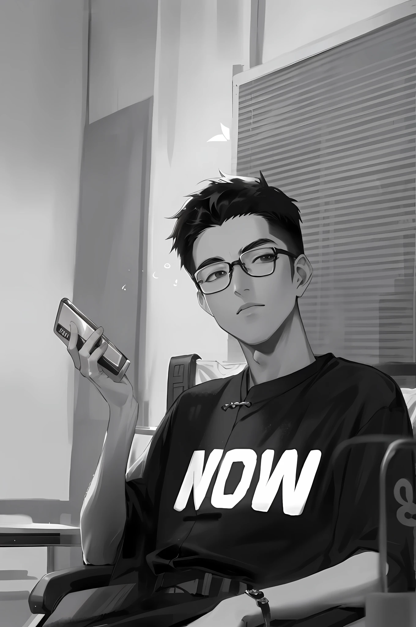 There is a man sitting in a chair with a mobile phone, avatar, young Chinese man, Chinese boy, wearing glasses, eyes more detailed