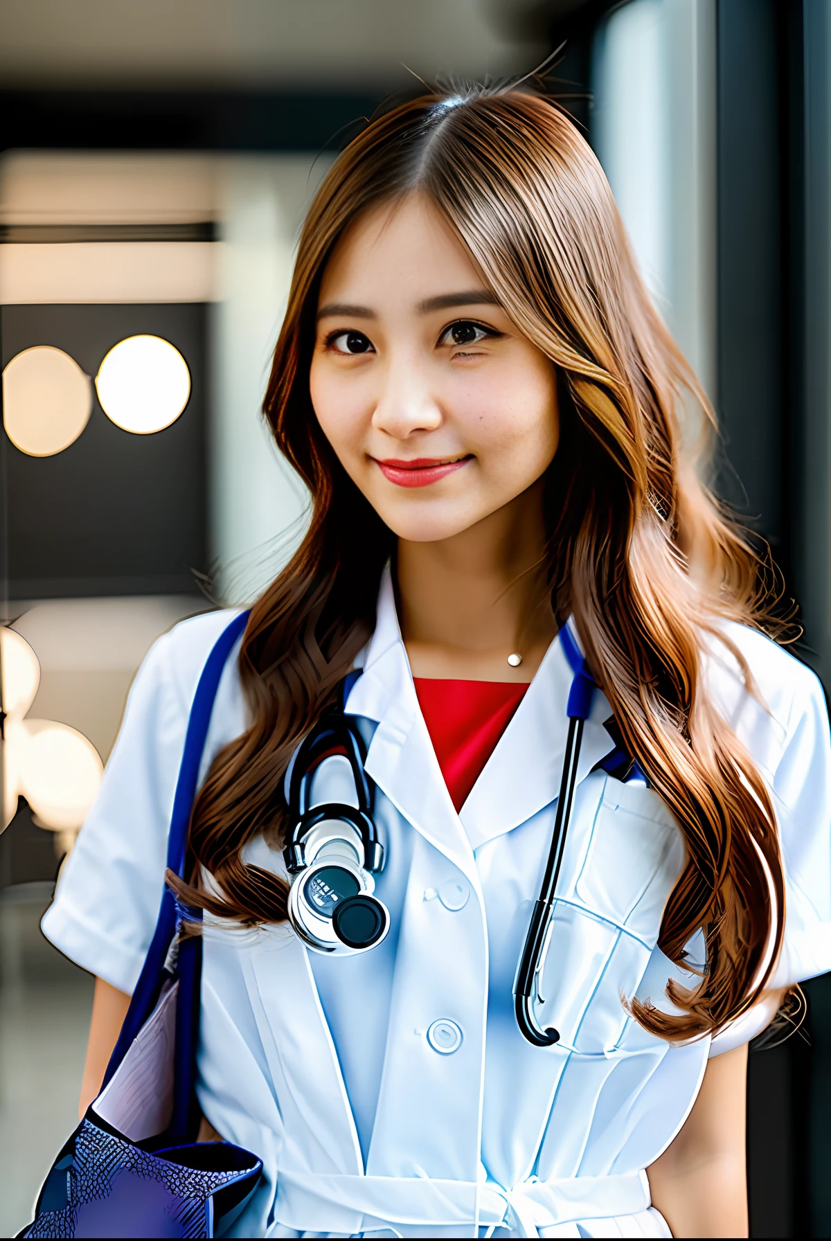 shopping mall, long blonde fringed hair, brown eyes, 1 girl, doctor, stethoscope at neck, smile, innocent, 100mm lens, (realistic, lens glare:1.4), look right, as doctor, uniform, (intricate details: 1.2), (masterpiece, :1.3), (best quality: 1.4), (ultra high resolution: 1.2), super high resolution, (detailed eyes), (detailed facial features), HDR, 8k resolution, (stethoscope), farsightedness, reflections on the floor, Low cut open cloth