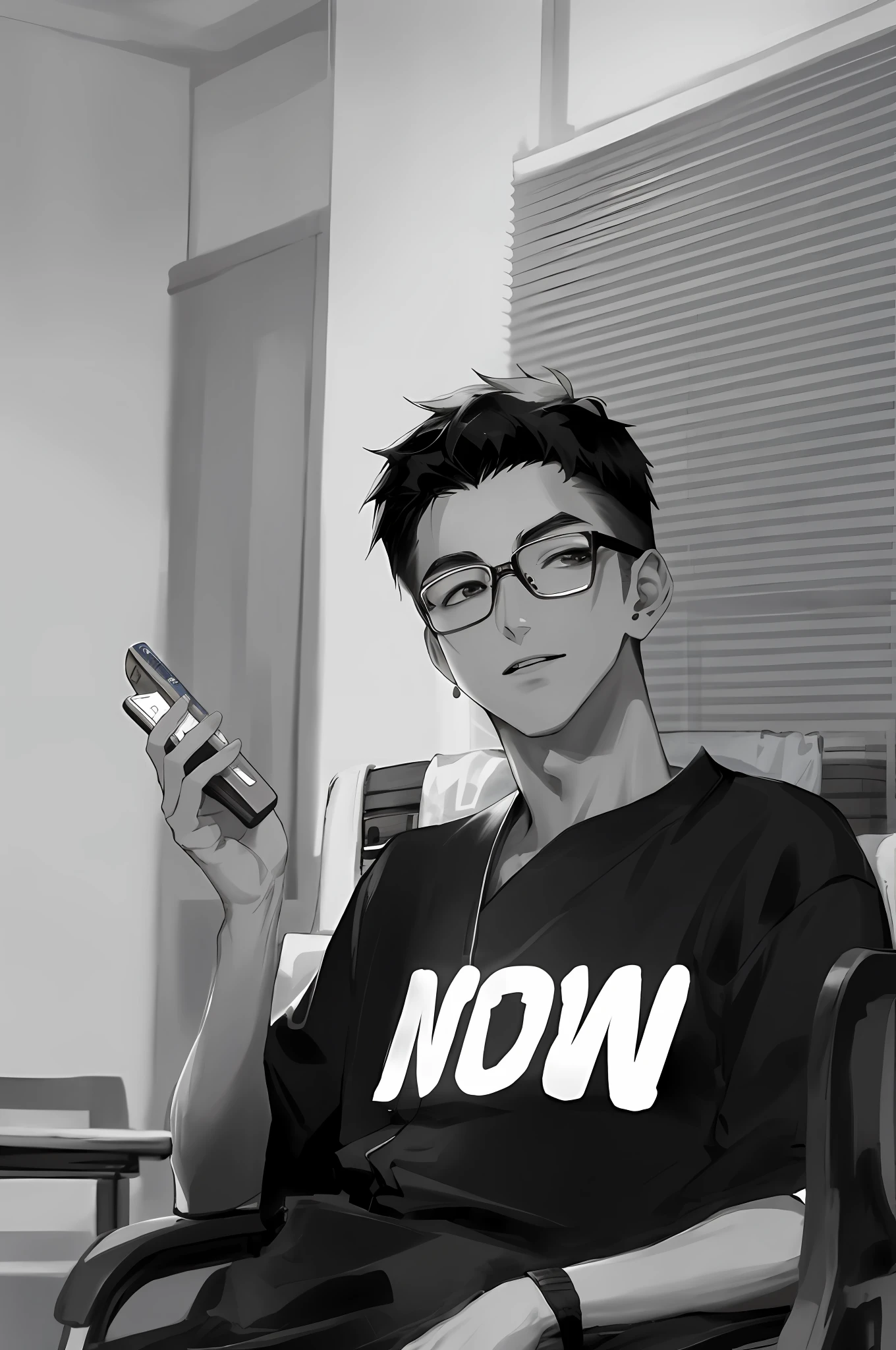 There is a man sitting in a chair with a mobile phone, avatar, young Chinese man, Chinese boy, wearing glasses, eyes more detailed