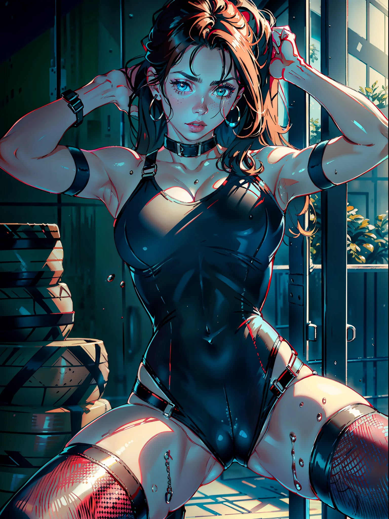 best quality, masterpiece, ultra high resolution, (photorealistic: 1.4), (realistic moist skin: 1.2), Scarlett Johansson, medium breasts, big blue eyes, brown hair, (nose red), gymtastic_jumpsuit, gymtastic_yoga_croptop, gymtastic, (multiple straps, buckle straps: 1.125), fishnet stockings, woman doing gymnastics, cute, young, posingh, long hair, looking at the viewer, wet, professional lighting, physical rendering, hands on lips, arm up, hand on hip, hugging legs, legs spread, all fours, varices, arched back, collar, earrings, (see clothing), fishnet stockings, (Copesee the Malt Style: 0.5), (Thepit Bimbo, shiny), sexy, bimbo, sportswear, (multiple straps: 1.1)