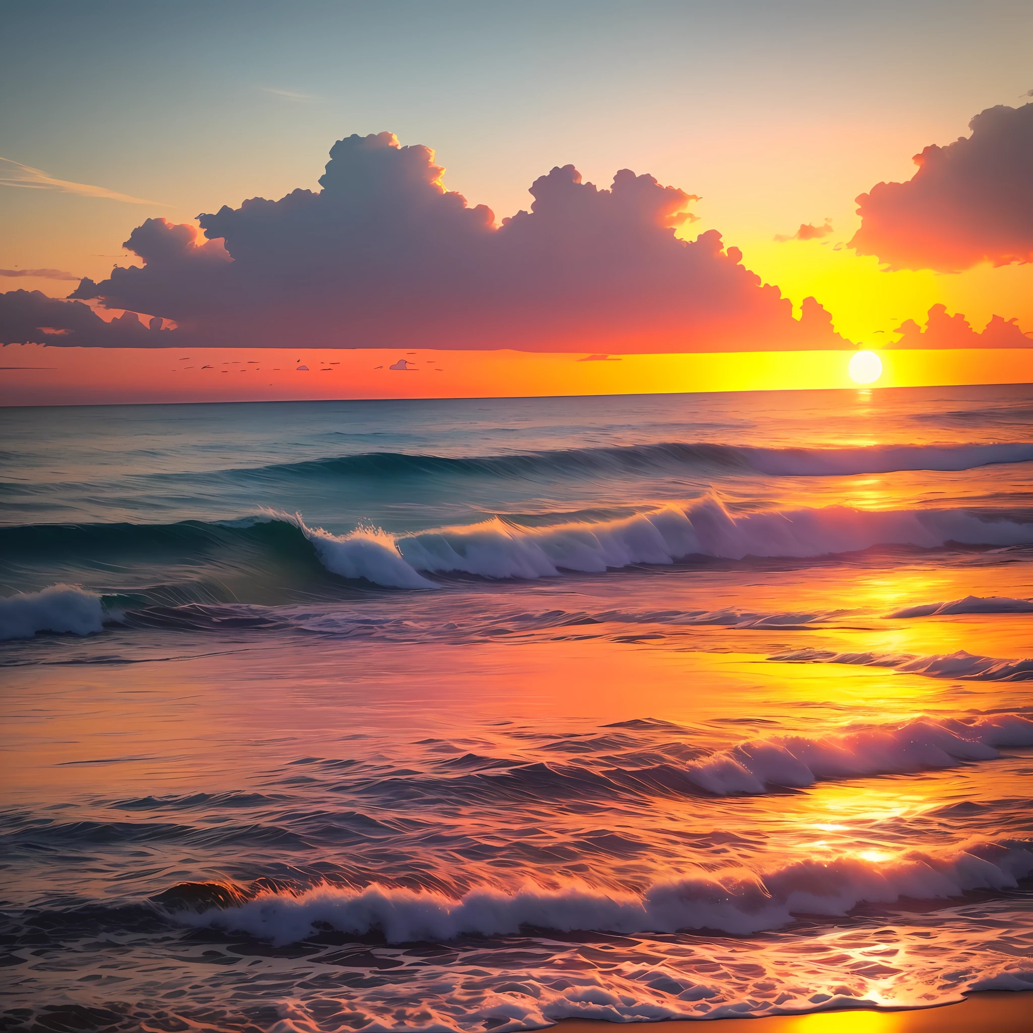 An absolutely mesmerizing sunset on the beach, with a mix of orange, pink, and yellow in the sky. The water is crystal clear, gently kisses the coast, and the white sand is endless. The scene is dynamic and breathtaking, with seagulls soaring high in the sky and palm trees swaying softly. Immerse yourself in the calm atmosphere and let the serenity surround you.