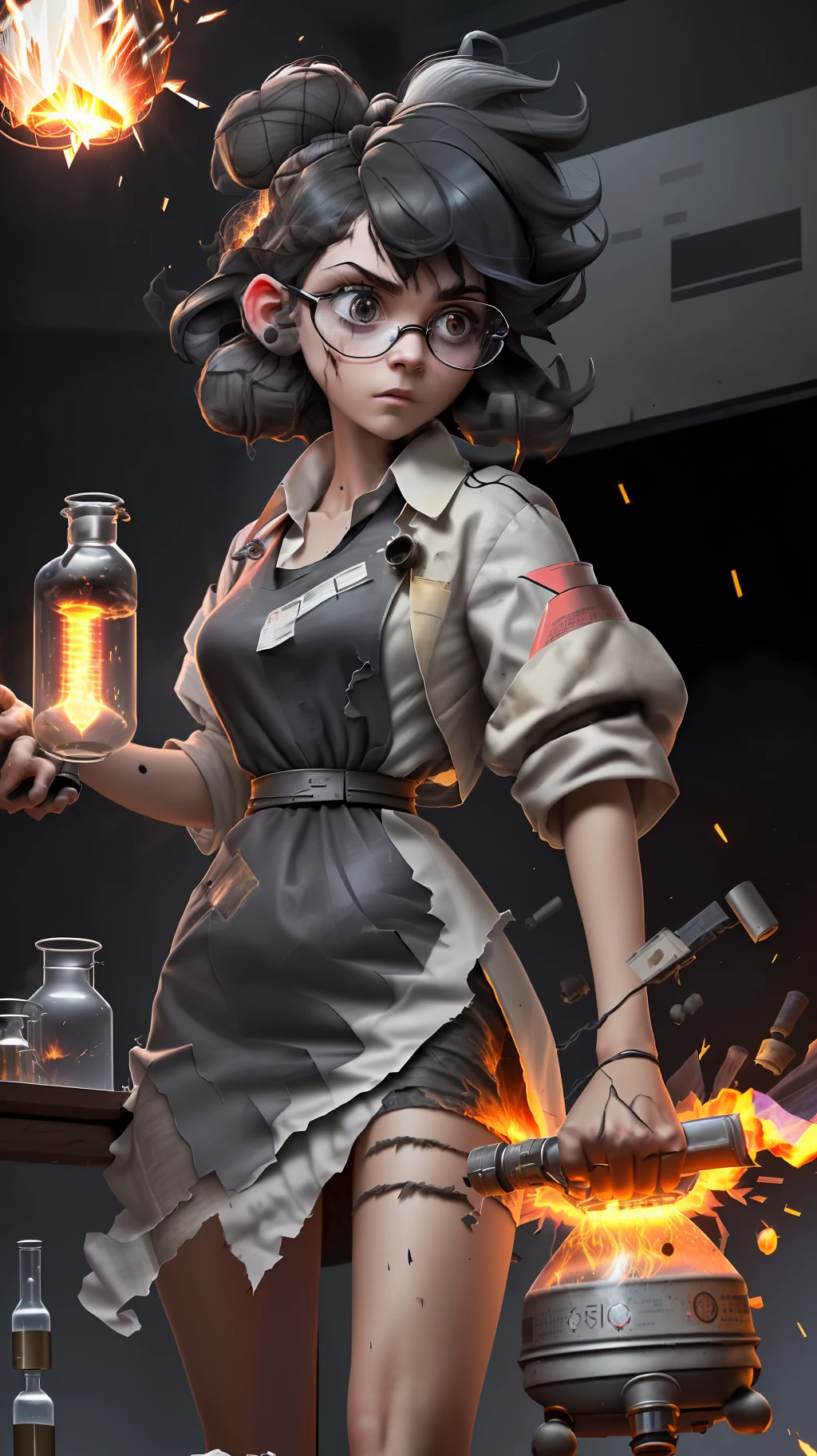 (Masterpiece: 1.5), (Best Quality: 1.5), High Definition, High Detail, 3DMM, One Woman, Solo, ((Cracked Glasses))((black soot )) (exploded hair,beard , ((exploding clothes,torn clothes,ripped cloths)) (( lab gown Top Ash Bangs)), ((A Lamp Shocks the Woman )) In the lab she carries me to ((an electrified lamp)), it explodes, hair standing with ash on it, surprised eyes, glowing and electric lamps, ((ashes explosion on the face)), ((indoor,lab,black smoke,smoke,fire,beaker,flask,science equipment,explosion,fire))