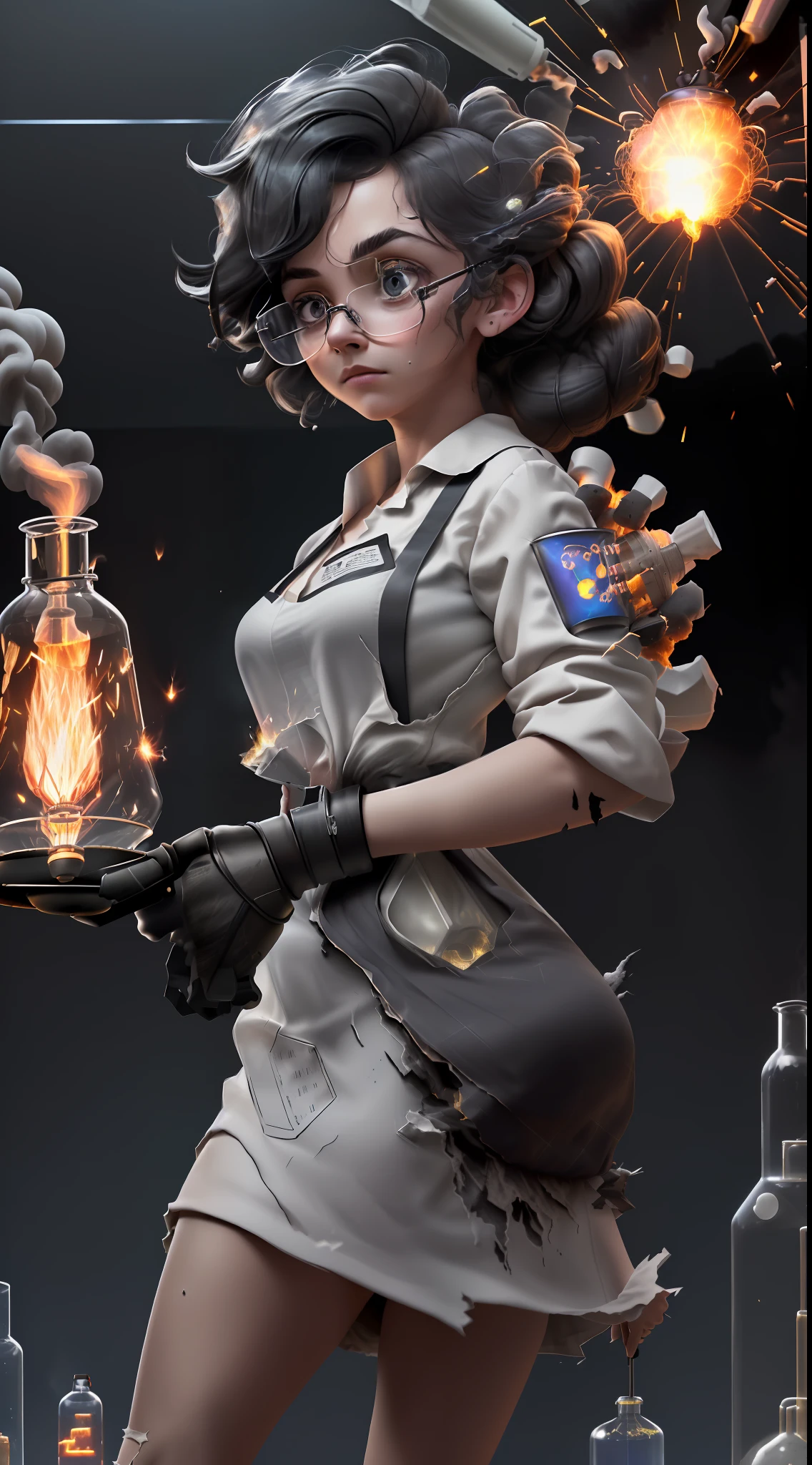 (Masterpiece: 1.5), (Best Quality: 1.5), High Definition, High Detail, 3DMM, One Woman, Solo, ((Cracked Glasses))((black soot )) (exploded hair,beard , ((exploding clothes,torn clothes,ripped cloths)) (( lab gown Top Ash Bangs)), ((A Lamp Shocks the Woman )) In the lab she carries me to ((an electrified big lamp)), it explodes, hair standing with ash on it , cute, glowing and electric lamps, ((ashes explosion on the face)), ((indoor,lab,black smoke,smoke,fire,beaker,flask,science equipment,explosion,fire))