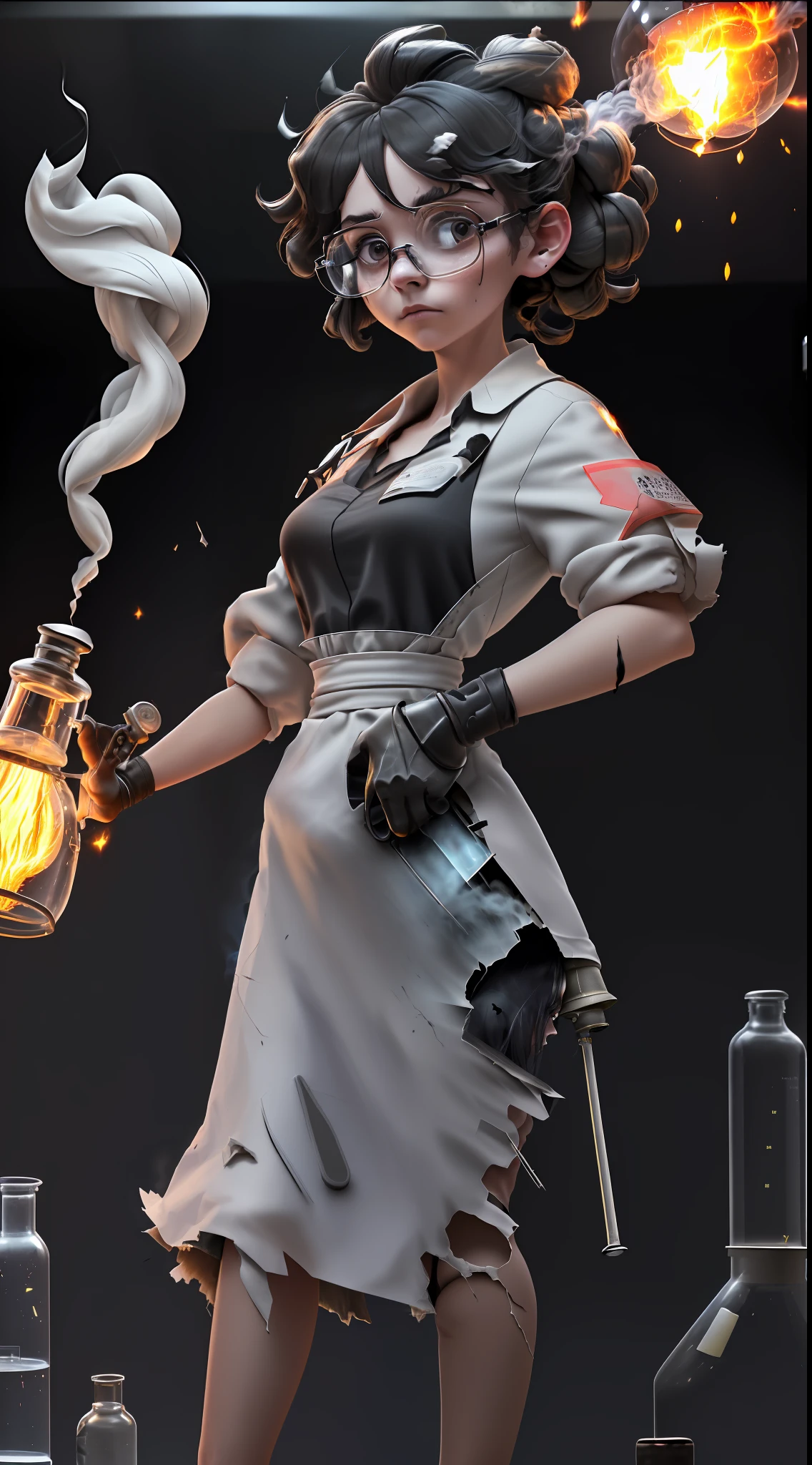 (Masterpiece: 1.5), (Best Quality: 1.5), High Definition, High Detail, 3DMM, One Woman, Solo, ((Cracked Glasses))((black soot )) (exploded hair,beard , ((exploding clothes,torn clothes,ripped cloths)) (( lab gown Top Ash Bangs)), ((A Lamp Shocks the Woman )) In the lab she carries me to ((an electrified big lamp)), it explodes, hair standing with ash on it , cute, glowing and electric lamps, ((ashes explosion on the face)), ((indoor,lab,black smoke,smoke,fire,beaker,flask,science equipment,explosion,fire))