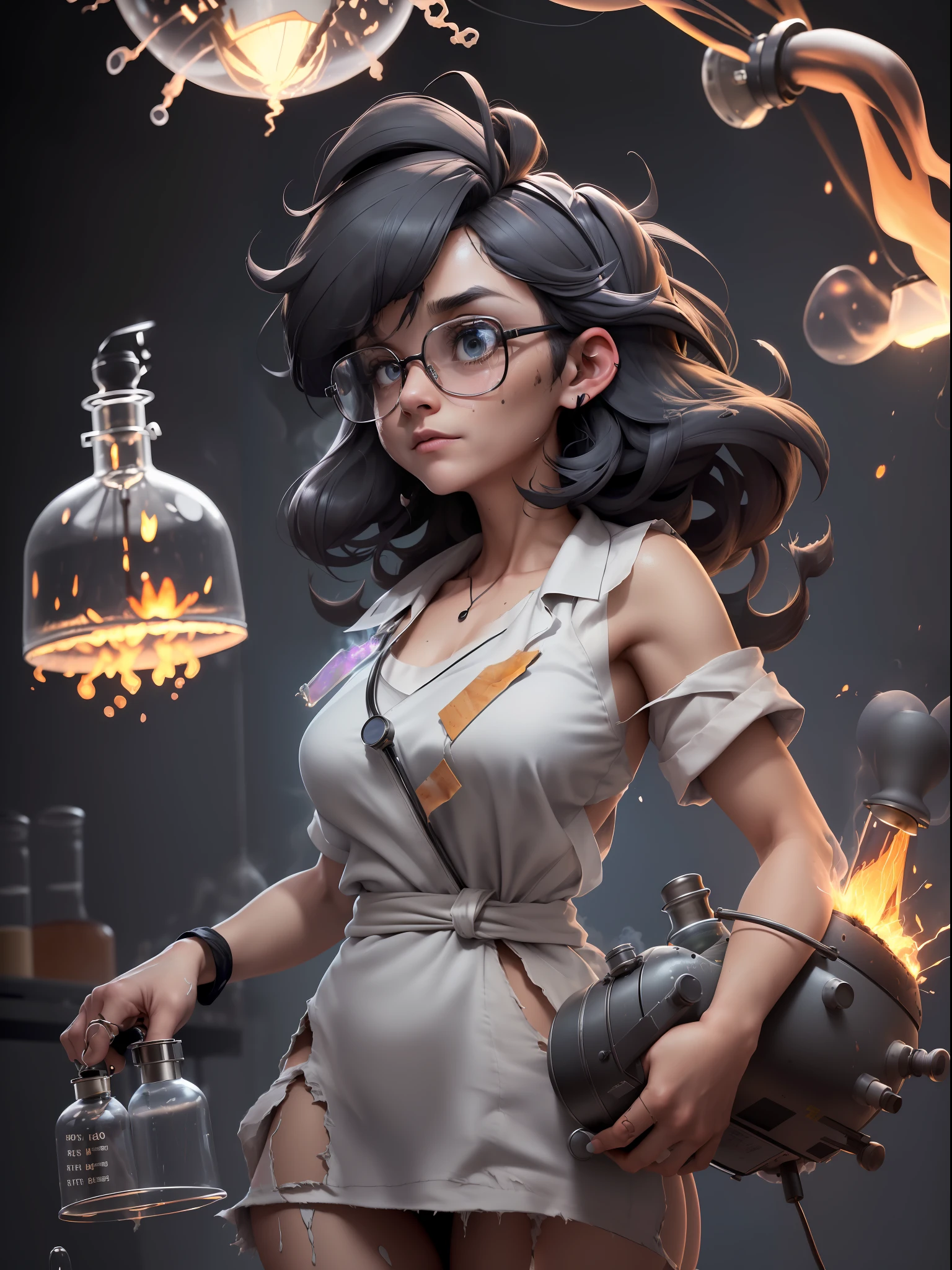 (Masterpiece: 1.5), (Best Quality: 1.5), High Definition, High Detail, 3DMM, One Woman, Solo, ((Cracked Glasses)), ((indoor,lab,black smoke,smoke,fire,beaker,flask,science equipment,explosion,fire)),((black soot )) (exploded hair,beard , ((exploding clothes,torn clothes,ripped cloths )) (( lab gown Top Ash Bangs)), ((A Lamp Shocks the Woman 😲😵 )) In the lab she carries me to ((an electrified big lamp)), it explodes, hair standing with ash on it, surprised eyes, glowing and electric lamps, ((ashes explosion on the face))