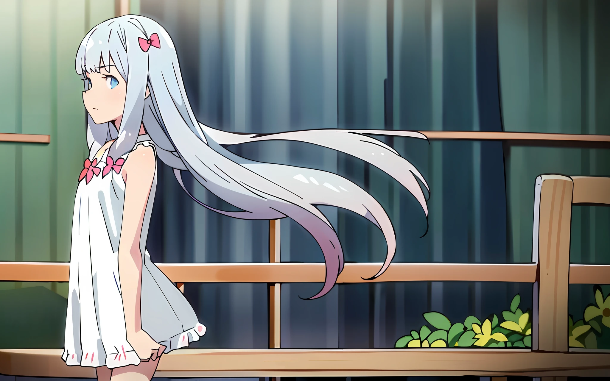 ((Best Quality)), (Masterpiece:1.2), High Definition, Very Detailed, 1girl, Solo Focus, Full Body, Watch Viewer, Lookover, Face to Face, Sleeveless Dress, Casual, White Dress,Floral Background, Outdoors, Upper Body, White Hair, Blue Eyes, Flower Garden, Pale Blush, Tsundere, (-3-)