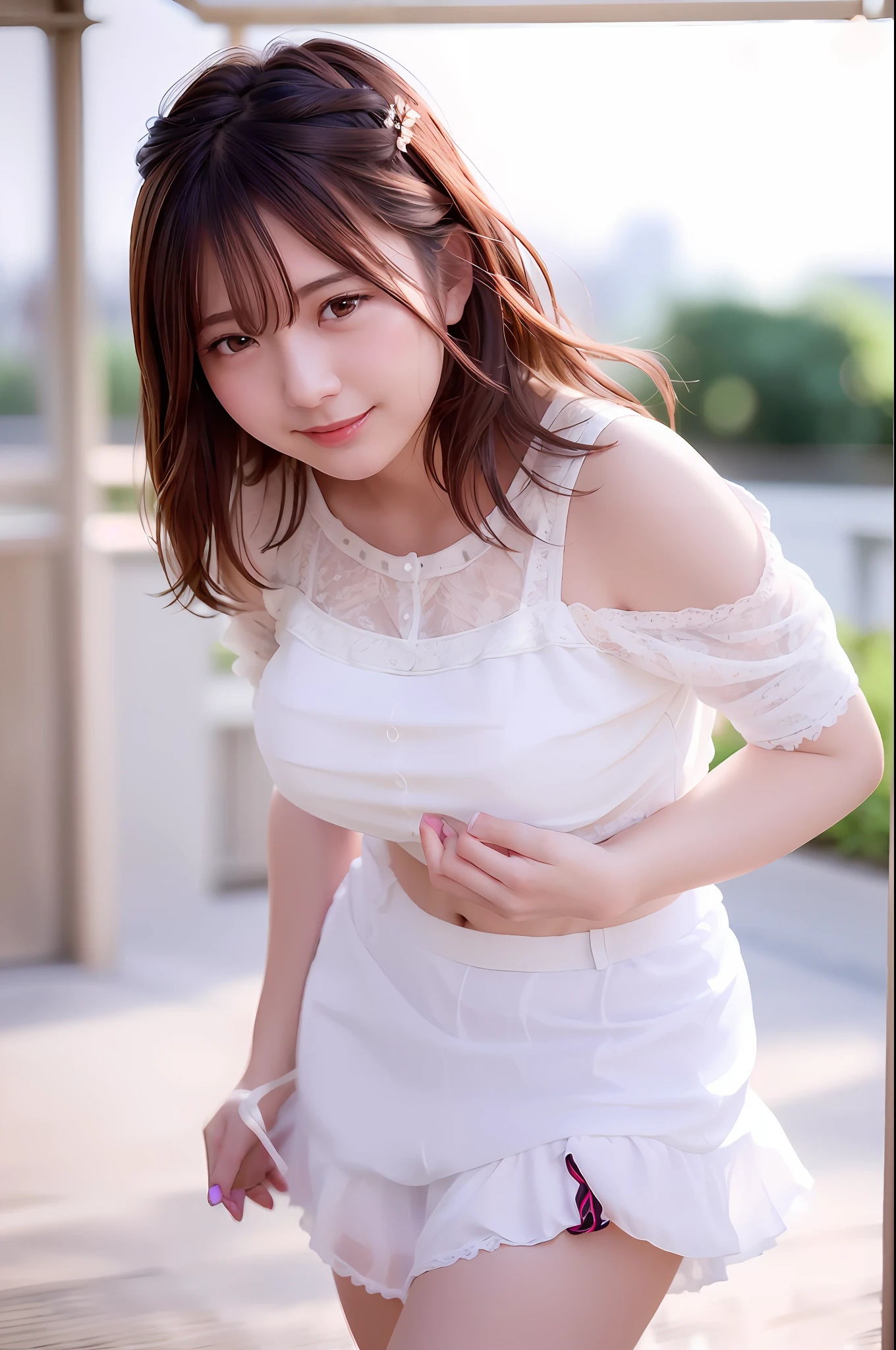 (skin spots: 1.2), (skin dentation), Black eyes, 1 female, 25 years old, ((((Female))), Solo, Real, Best Quality, Photorealistic, Masterpiece, 8K, High Resolution, Solo, Very Detailed Face, (Professional Lighting, Bokeh), (Light Particle, Lens Flare, Luminous Particle: 0.6), (Dynamic Pause: 1.2), Soft Lighting, Top Angle View, fashionable and trendy, Japan, street, urban, Tokyo, Minato, (daytime)), sky, ((view viewer:1)), (look at camera), (portrait: 0.6), cowboy shot, gorgeous, standing, keep original facial proportions, wide shoulders, full body, (big breasts), (short hair), brown hair, floating hair, lips, lipstick, seductive smile, floating hair, smile, open_mouth, teeth, (prom dress), (miniskirt), eyelashes, moles, (moles under the eyes: 1), plump body, plump breasts, bursting breasts, big breasts, intricate lace prom dresses, mini skirts, lace hair ornaments, garden weddings, garter stockings, garter belts,
