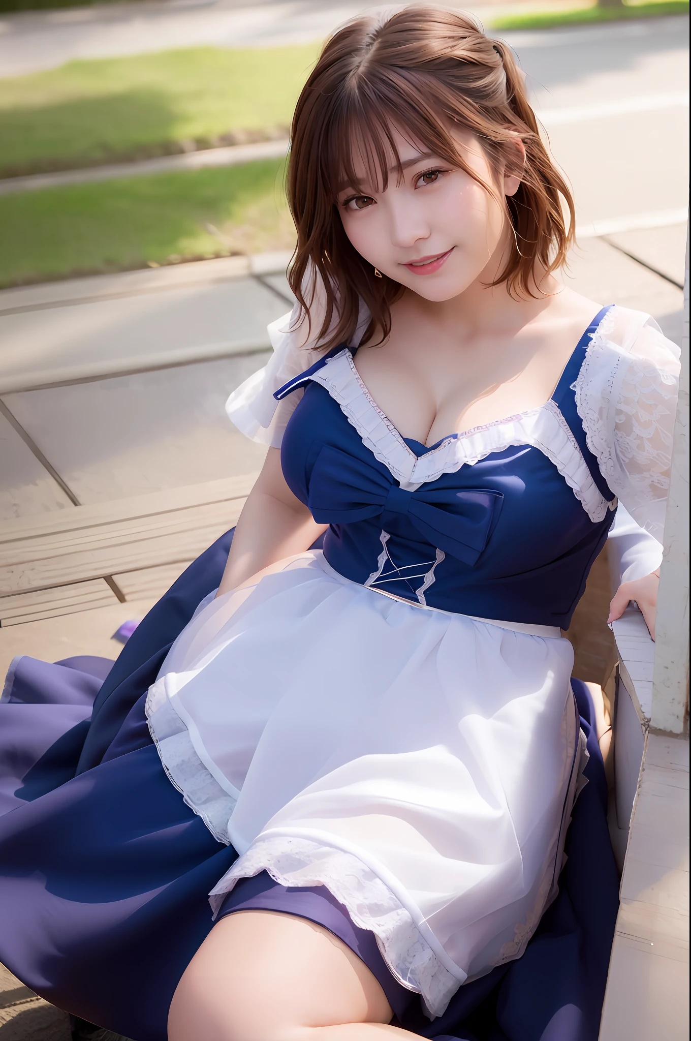 (skin spots: 1.2), (skin dentation), Black eyes, 1 female, 25 years old, ((((Female))), Solo, Real, Best Quality, Photorealistic, Masterpiece, 8K, High Resolution, Solo, Very Detailed Face, (Professional Lighting, Bokeh), (Light Particle, Lens Flare, Luminous Particle: 0.6), (Dynamic Pause: 1.2), Soft Lighting, Top Angle View, fashionable and trendy, Japan, street, urban, Tokyo, Minato, (daytime)), sky, ((view viewer:1)), (look at camera), (portrait: 0.6), cowboy shot, gorgeous, standing, keep original facial proportions, wide shoulders, full body, (big breasts), (short hair), brown hair, floating hair, lips, lipstick, seductive smile, floating hair, smile, open_mouth, teeth, (prom dress), (miniskirt), eyelashes, moles, (moles under the eyes: 1), plump body, plump breasts, bursting breasts, big breasts, intricate lace prom dresses, mini skirts, lace hair ornaments, garden weddings, garter stockings, garter belts,