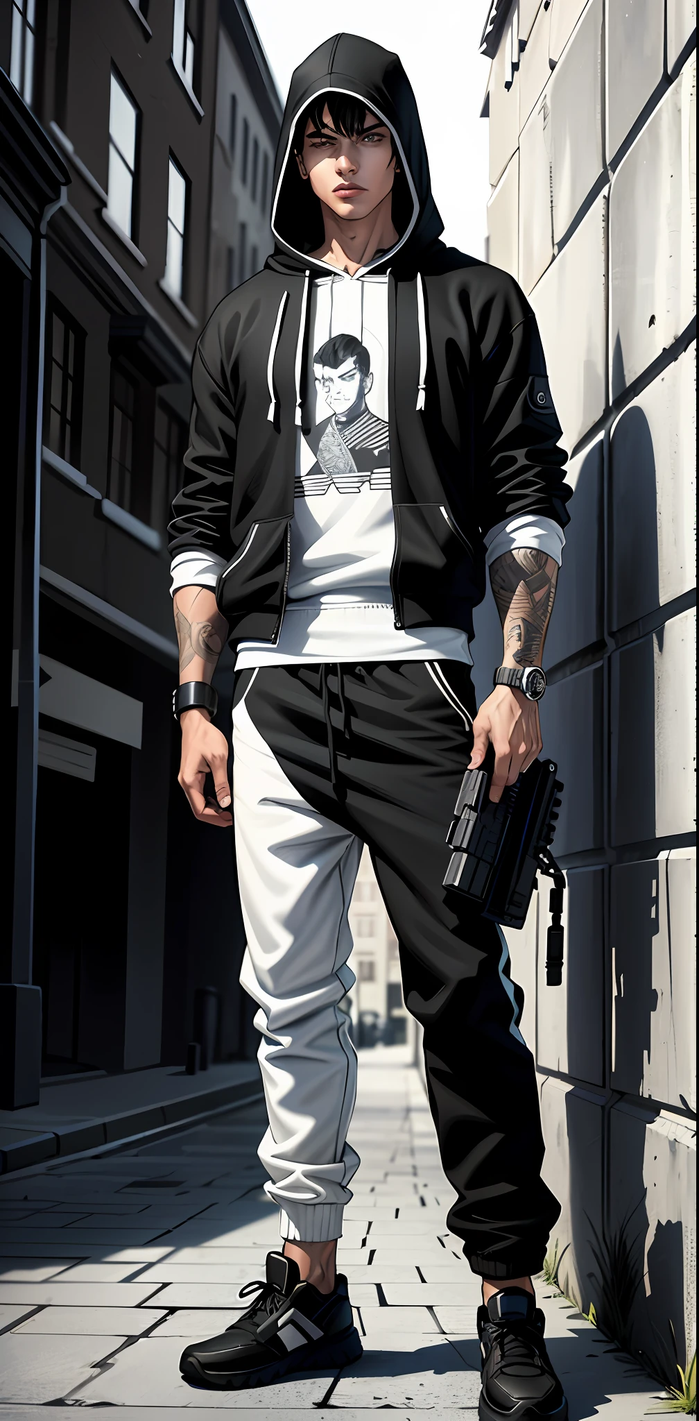 (comic book style), (Black and white line art: 1.5), (1 man: 1.3), ((black and white)), hooded sweatshirt, street, (hooded guard suit loose fit: 1.0), (clothing color pure black: 1.5), (sweatshirt design simple without any pattern: 1.5) ((gangster)), (masterpiece, top quality, best quality), extremely detailed background, good composition, good anatomy, perfect lighting, good shadows, street London, retro American, Japanese comics, (reality: 1.3), character hairstyle short hair, serious expression, gun in hand, character height: 185, protagonist, epic shot, pants are loose ripped sweatpants , Trendy Outfit, (Swag: 2), (Clothing Design Brand Reference: Balenciaga)