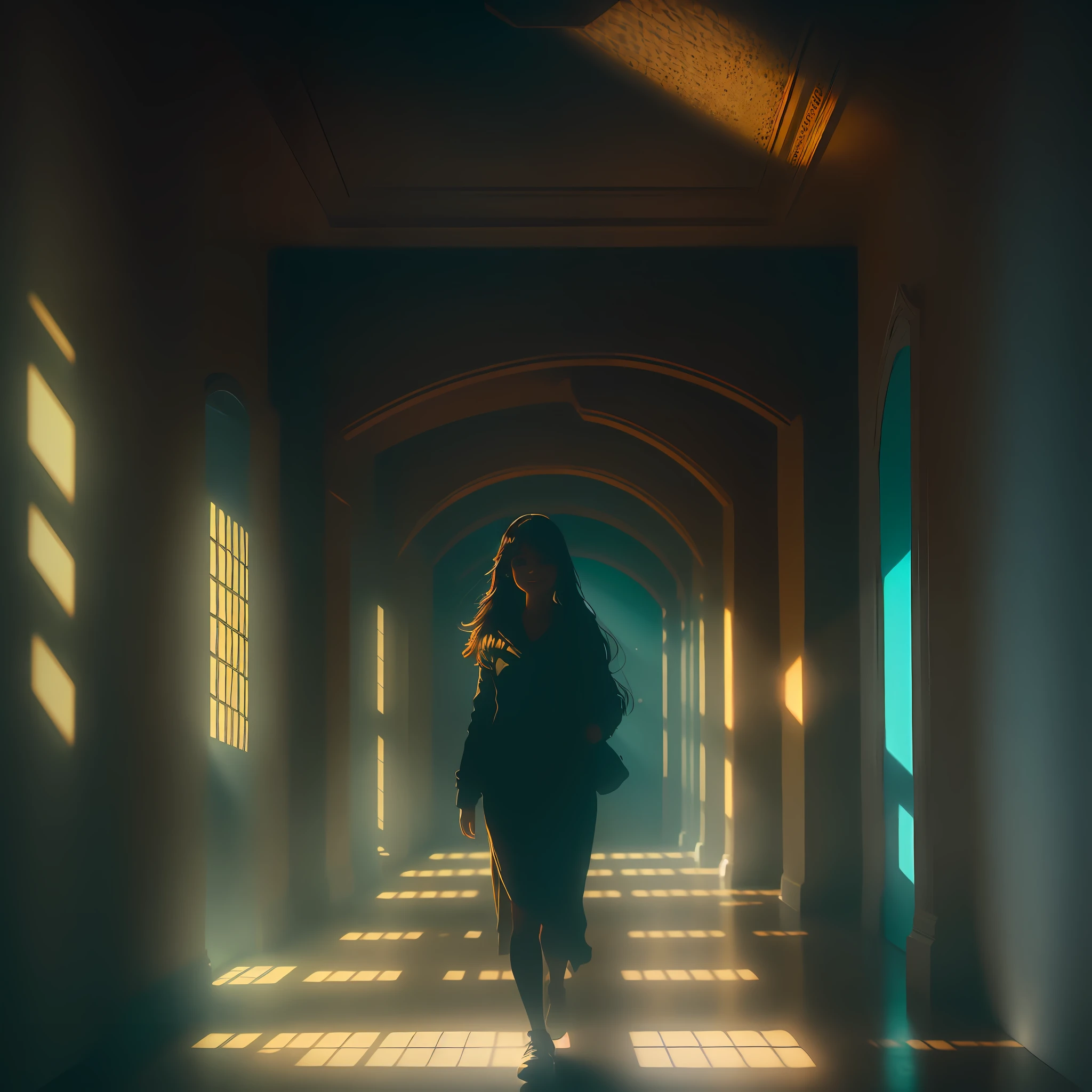 professional cinematic photo of a girl wandering in a hall, smiling, detailed face, ultimate shadow depth, f/45 aperture, complex busy settings, busy setting, luminism, ultra bioluminescence, god rays, warm colors, high contrast, high focus, best Form shadows, best Shadow receiving bounced light, best Core shadows, best Cast shadows, best Occlusion shadows, ultra intricate shadow-light play,