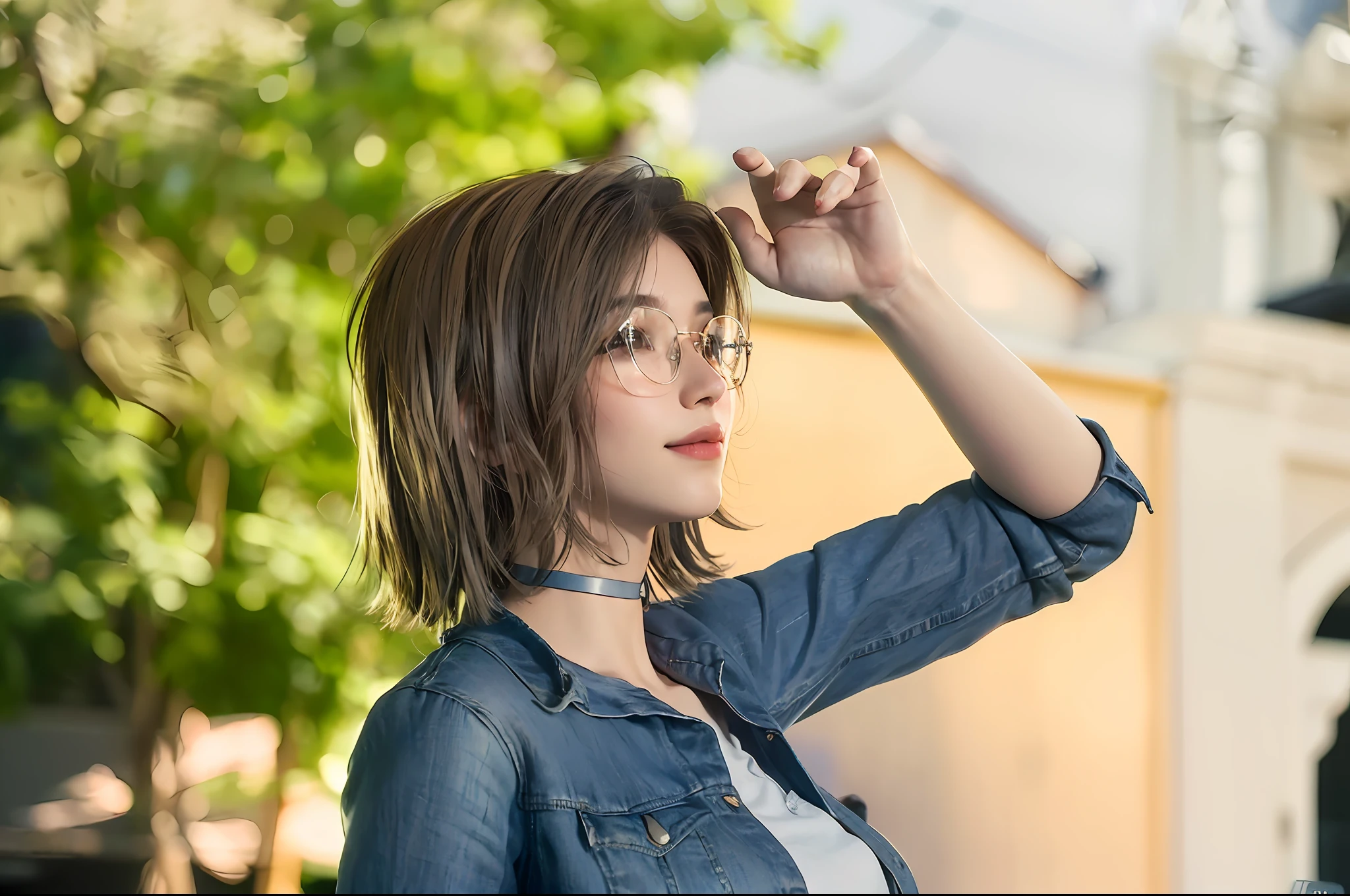 blue jeans jacket, a beautiful young girl, keep face, keep tattoo, bigger eyes, keep glasses, with glasses, smiling, short hair girl, smoky light brown hair, with choker, realistic, floating hair, smooth hair, detailed skin,(nose blush), glossy lips, best quality, (photorealistic:1.4), ultra highres,