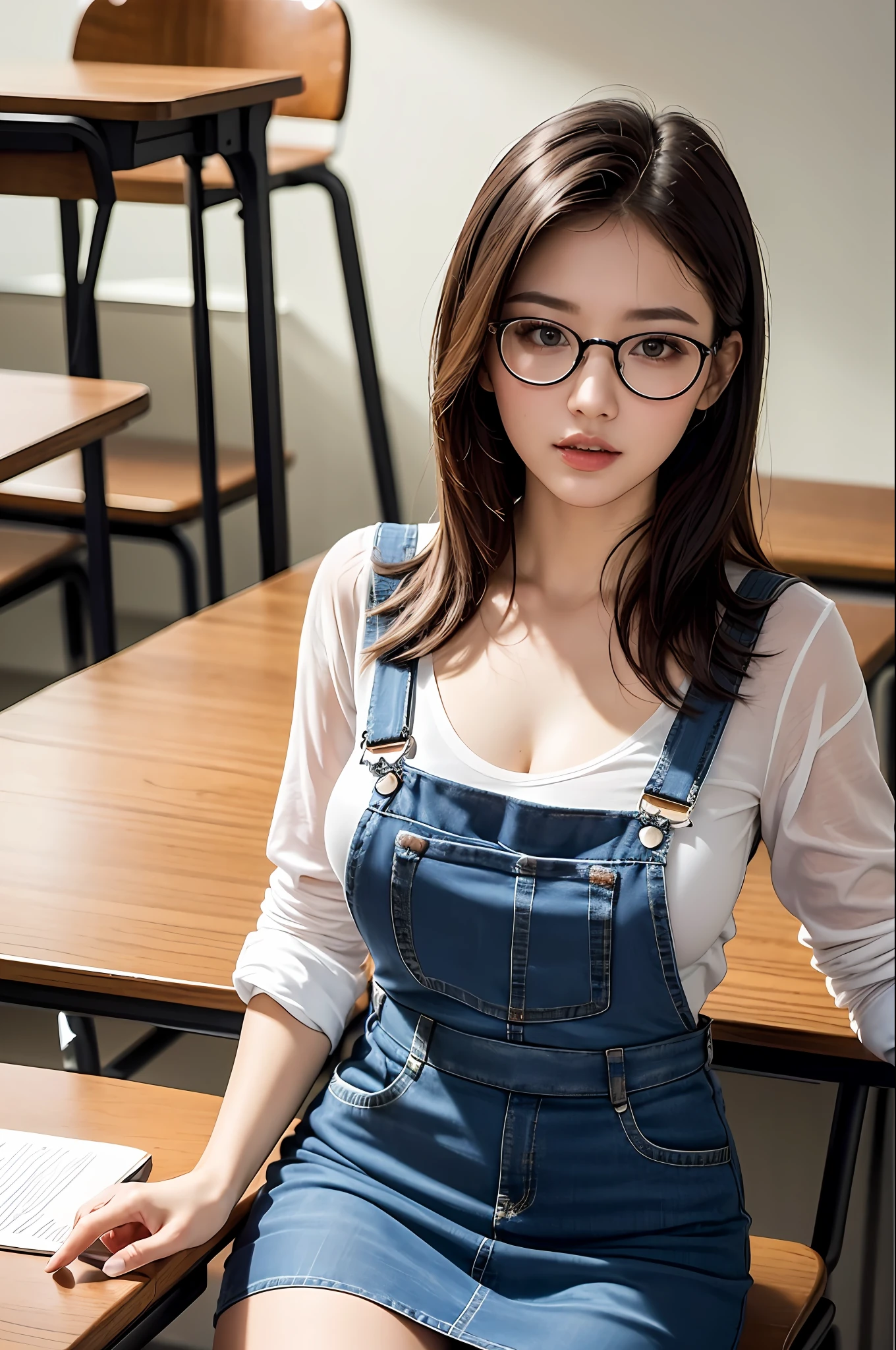 (8k, best quality, masterpiece: 1, 2), (realistic, realistic: 1, 37), top quality, masterpiece, a beautiful woman, sexy teacher, sexy female teacher, tight sexy overalls, short skirt, round chest, glasses, naughty look, background in teaching classroom, stacked chairs and study table, class