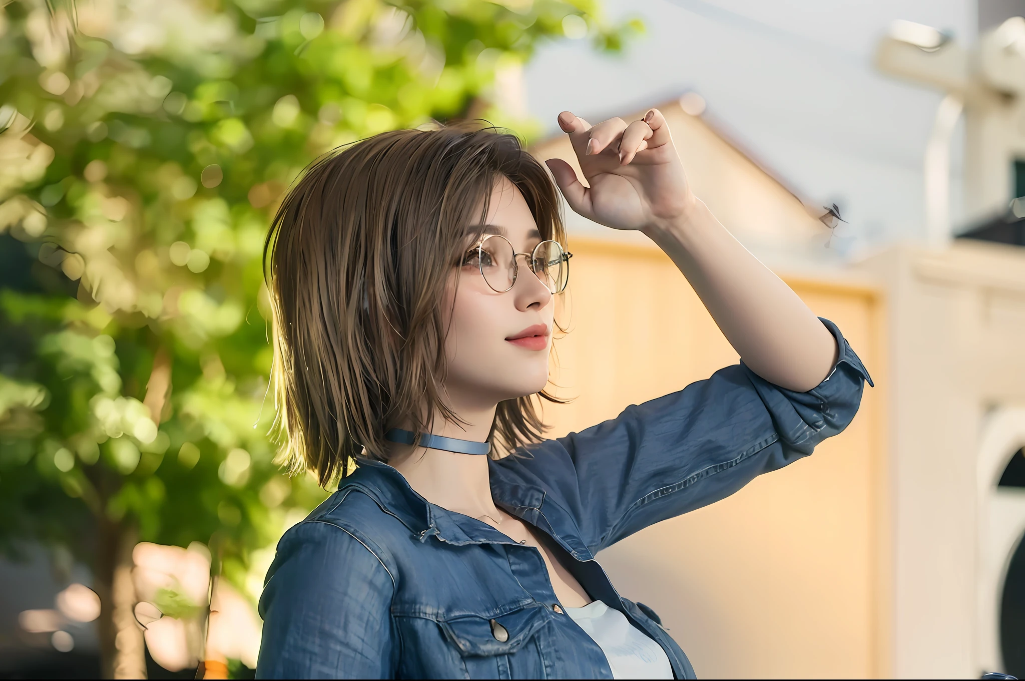 blue jeans jacket, a beautiful young girl, keep face, keep tattoo, bigger eyes, keep glasses, with glasses, smiling, short hair girl, smoky light brown hair, with choker, realistic, floating hair, smooth hair, detailed skin,(nose blush), glossy lips, best quality, (photorealistic:1.4), ultra highres,