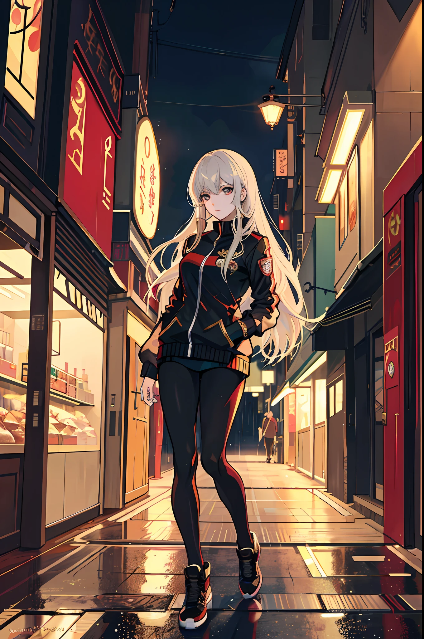 raining night,city,A beautiful woman in gyaru makeup wearing sport suit on the bustling streets of Gintama, surrounded by vendors, beautiful portrait of a stunning goddess girl, beautiful detailed face, porcelain skin, full body shot, centered, ultra soft lighting, symmetry, intricate, elegant, highly detailed, photorealistic, artstation, concept art, smooth, as imagined by greg rutkowski and borris vallejo, cover, vogue style