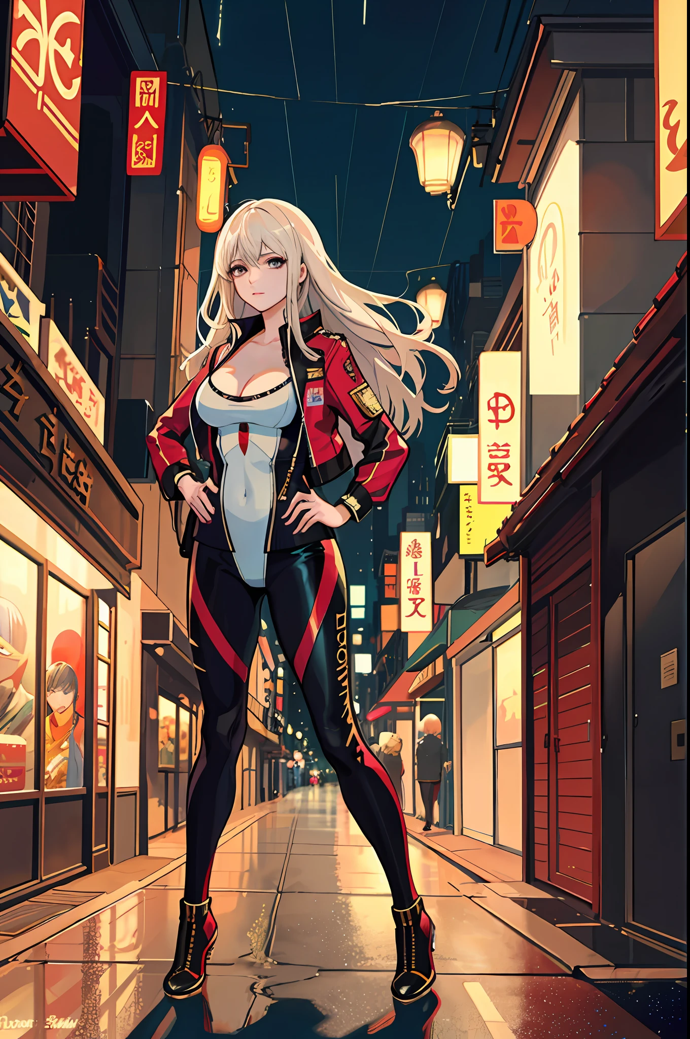 raining night,city,A beautiful woman in gyaru makeup wearing sport suit on the bustling streets of Gintama, surrounded by vendors, beautiful portrait of a stunning goddess girl, beautiful detailed face, porcelain skin, full body shot, centered, ultra soft lighting, symmetry, intricate, elegant, highly detailed, photorealistic, artstation, concept art, smooth, as imagined by greg rutkowski and borris vallejo, cover, vogue style