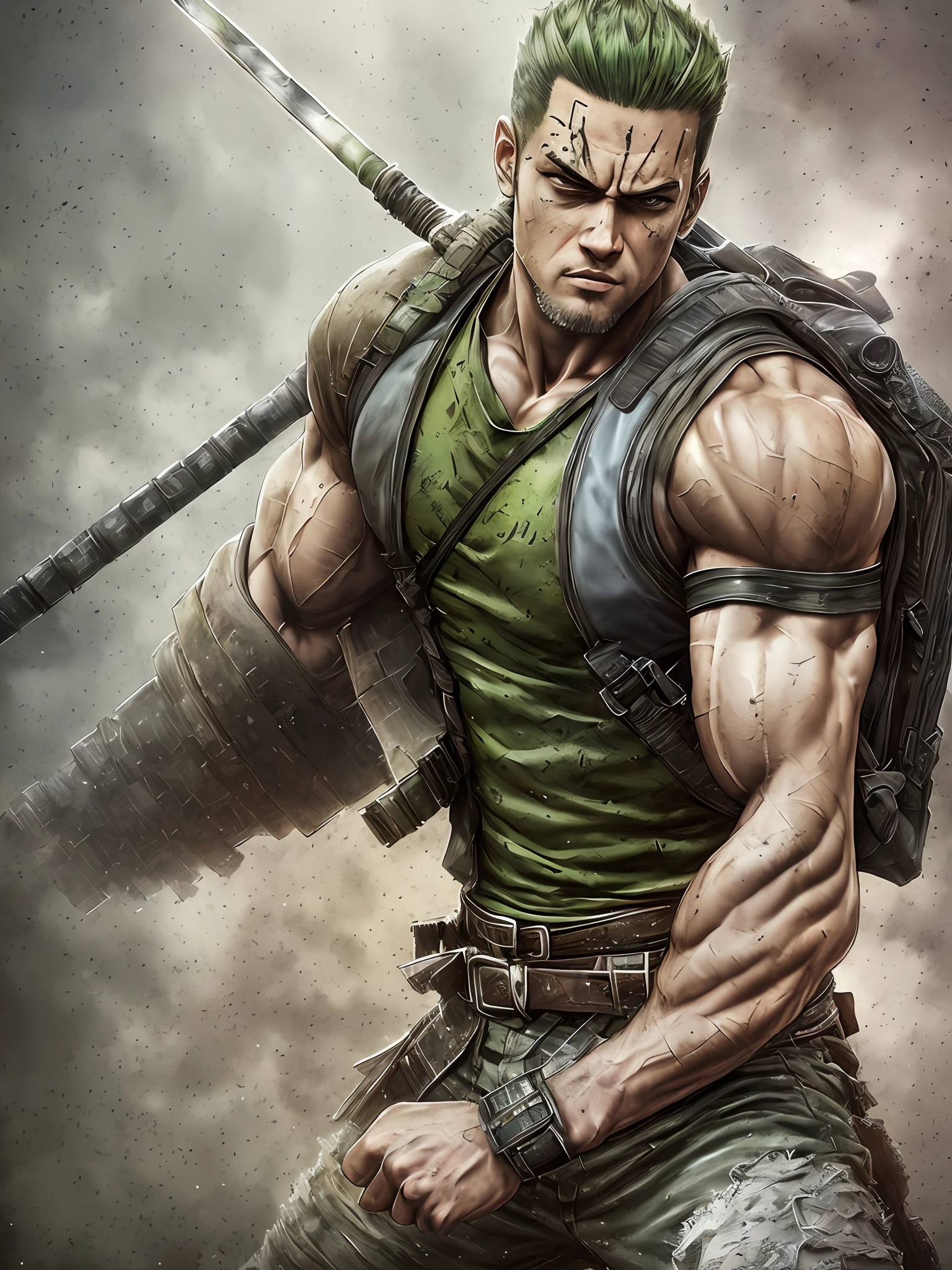 strong and muscular man, angry street, backpack, realistic epic, photo, faded, complex things around, intricate background, soaked, neutral colors, ((((HDR))), ((((muted colors)))), intricate scene, art station, intricate details, vignette, Cosplay by Roronoa Zoro