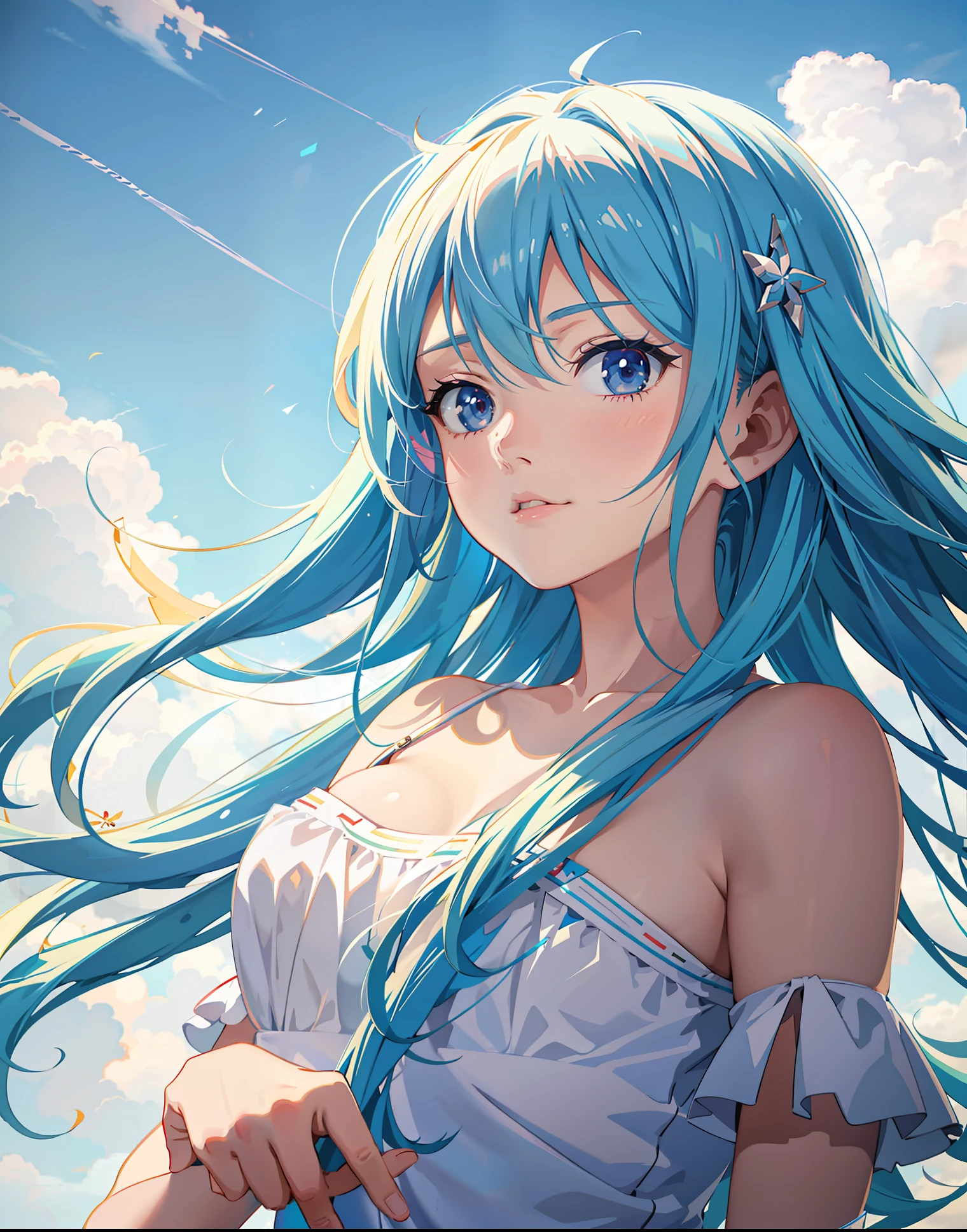 anime girl with blue hair and white dress posing for a picture, anime style 4 k, beautiful anime girl, anime style. 8k, smooth anime cg art, photorealistic anime girl render, beautiful anime portrait, anime art wallpaper 8 k, anime wallpaper 4 k, anime wallpaper 4k, anime art wallpaper 4k, anime art wallpaper 4 k, detailed digital anime art