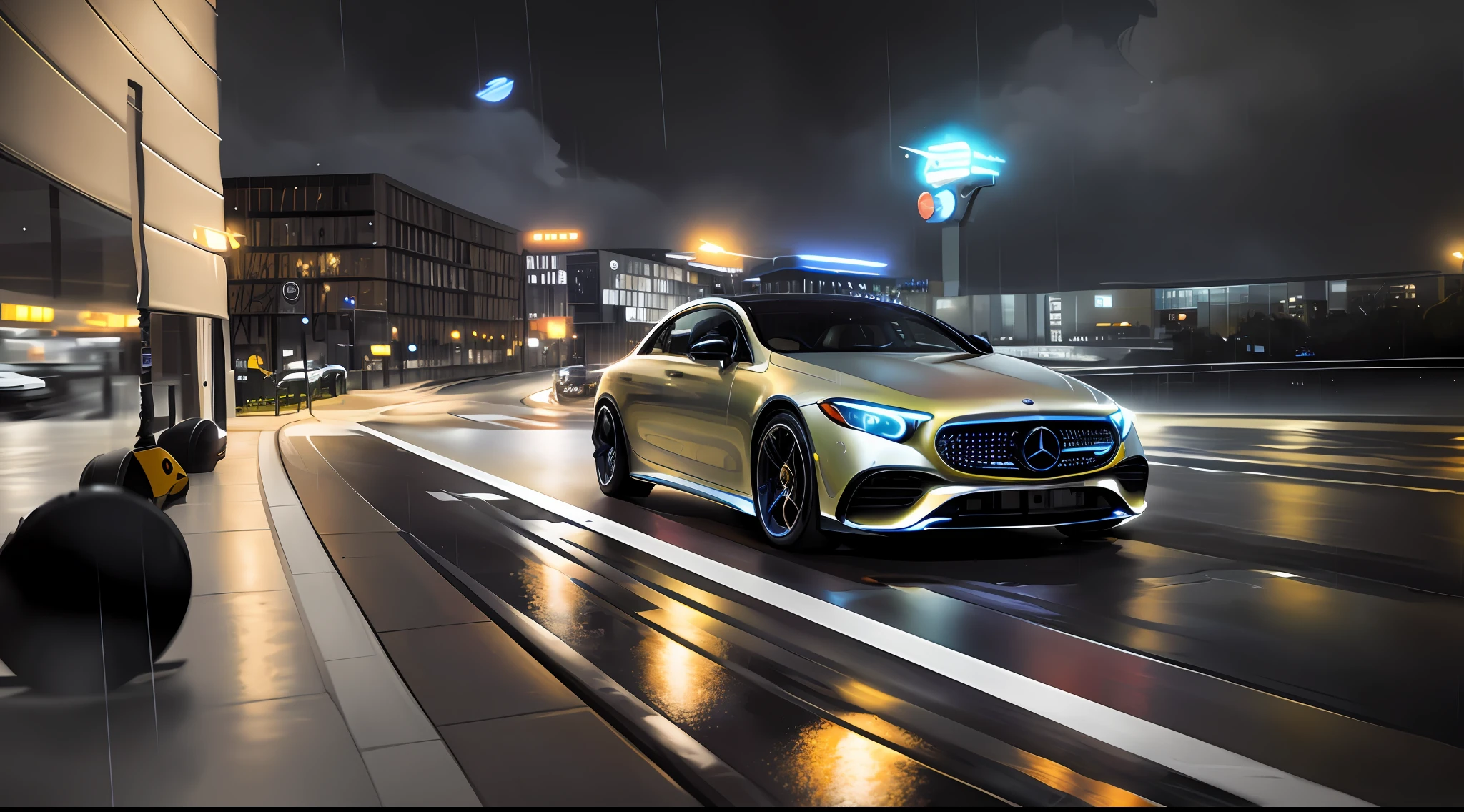 Mercedes ESQ, expensive car in the rain, detailed painting, lights on, , (particles: 0.8), very detailed, (night: 1.1), natural lighting, 1 car