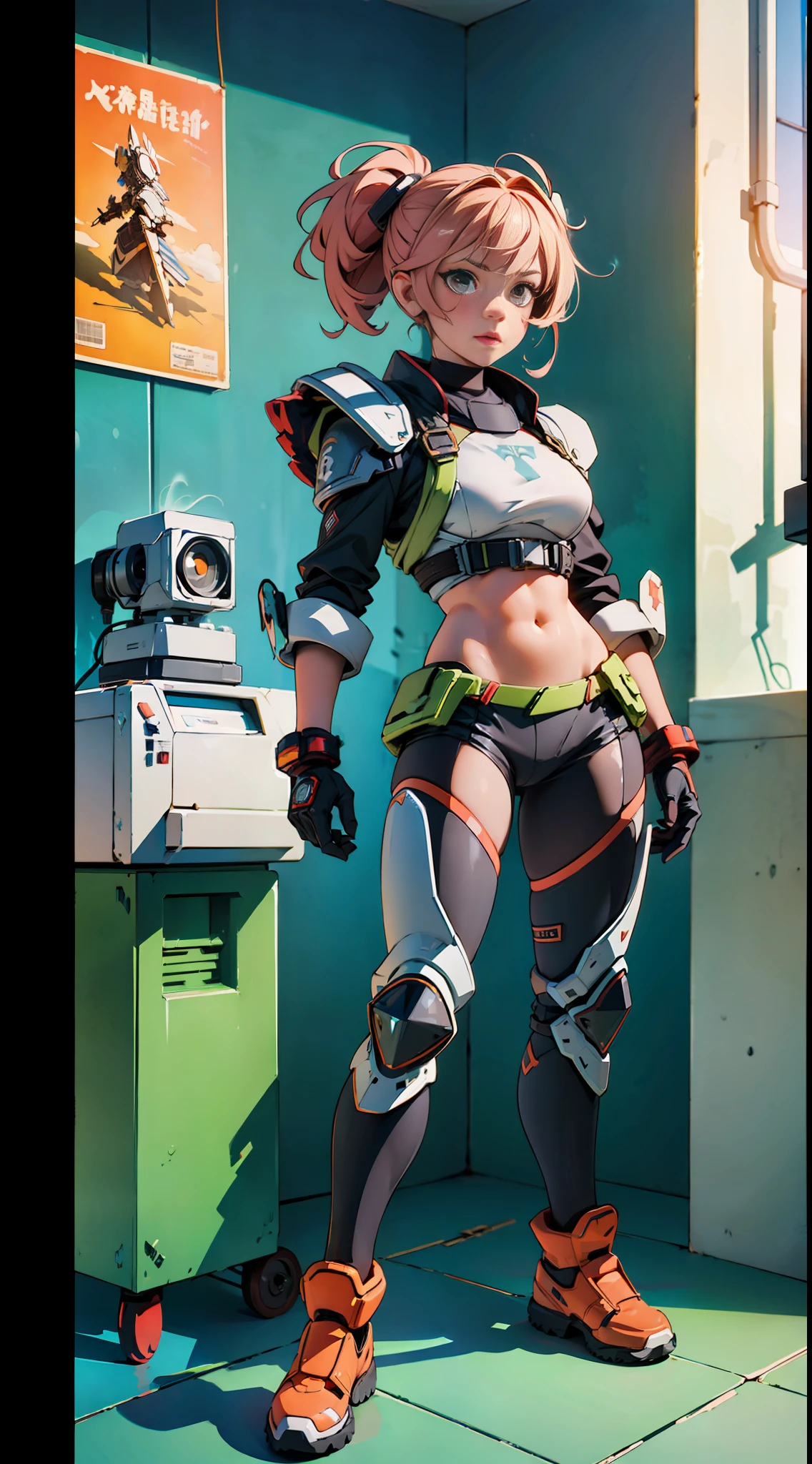 ((high quality)), ((masterpiece)), 8k, 2girls, body armor, light rays, extremely detailed wallpaper CG unity 8k, game cg, looks at the viewer, gloves, boots, whole body, watch, computer, mask, drone, mechanical weapon,