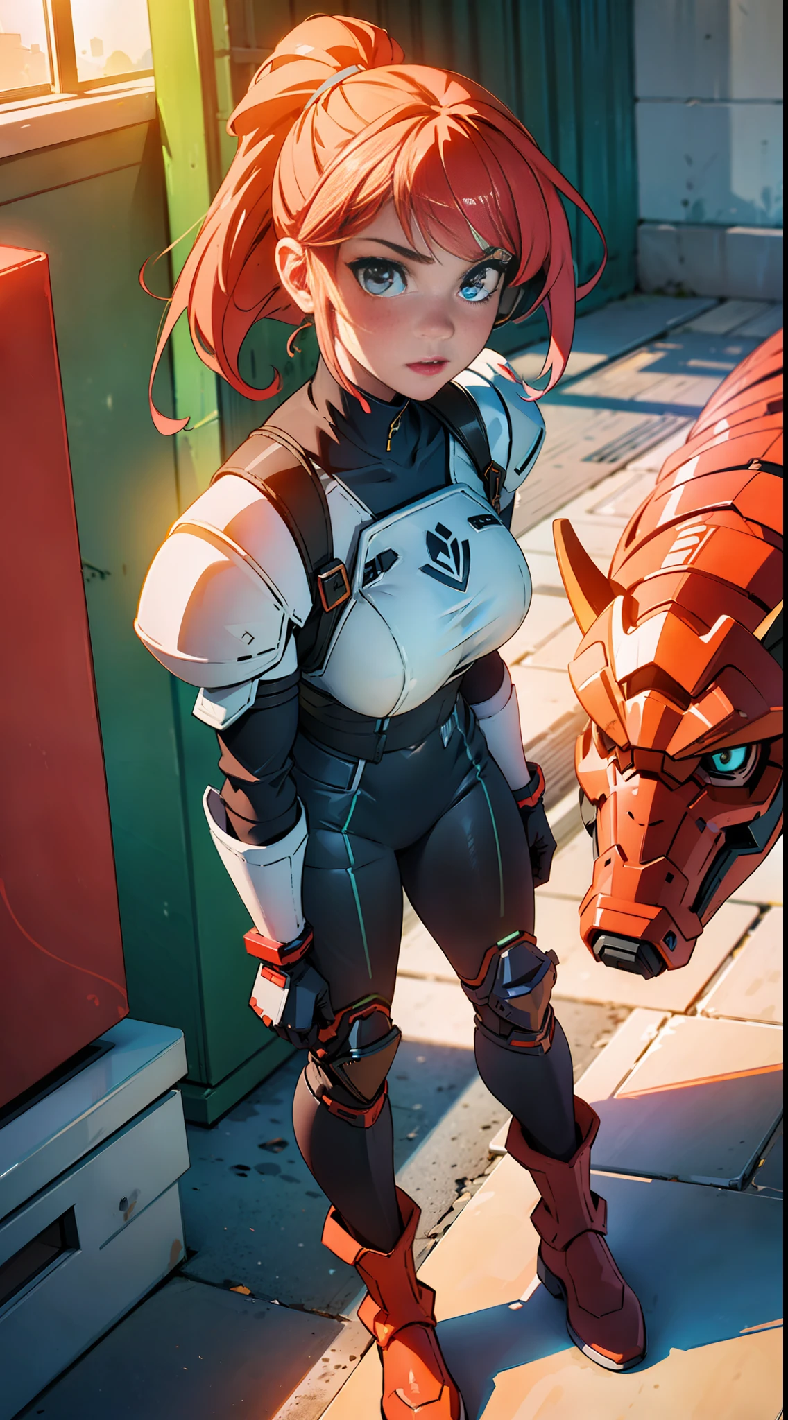 ((high quality)), ((masterpiece)), 8k, 2girls, body armor, light rays, extremely detailed wallpaper CG unity 8k, game cg, looks at the viewer, gloves, boots, whole body, watch, computer, mask, drone, mechanical weapon,