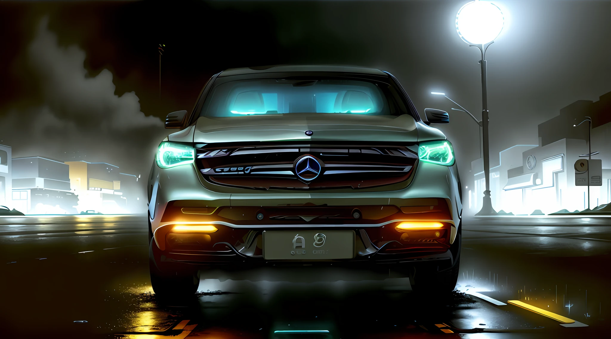 Mercedes ESQ, a car in street town at night, neon lights, rain, fog
