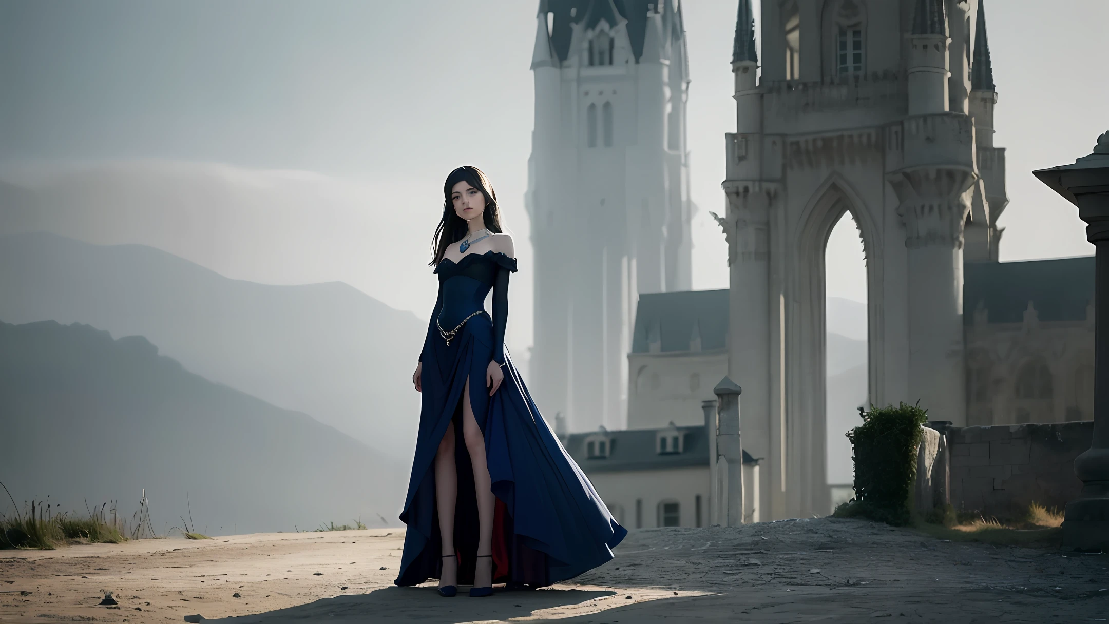full-length portrait of a perfect girl 20 old, standing against the backdrop of a Gothic castle in a dress in the style of Alexandr McQueen blue, the girl's face is perfect, the figure of the girl is graceful and graceful, the bust is small, on the graceful neck is a precious necklace with red diamonds, the girl's eyes are the color of lapis lazuli, the eyelashes are long and graceful, the girl's nose is neat, the face is oval, the girl's shoes are in the style of Jimmy Choo, the image was taken with a Hasselblad X2D 100C camera lens XCD 100mm f0 / 9, the image is ultra clear, hyper-details, photo resolution is 100 megapixels, Rawphoto, light on photo dramatic, cinematic, photo taken in the style of William Mortensen, color.