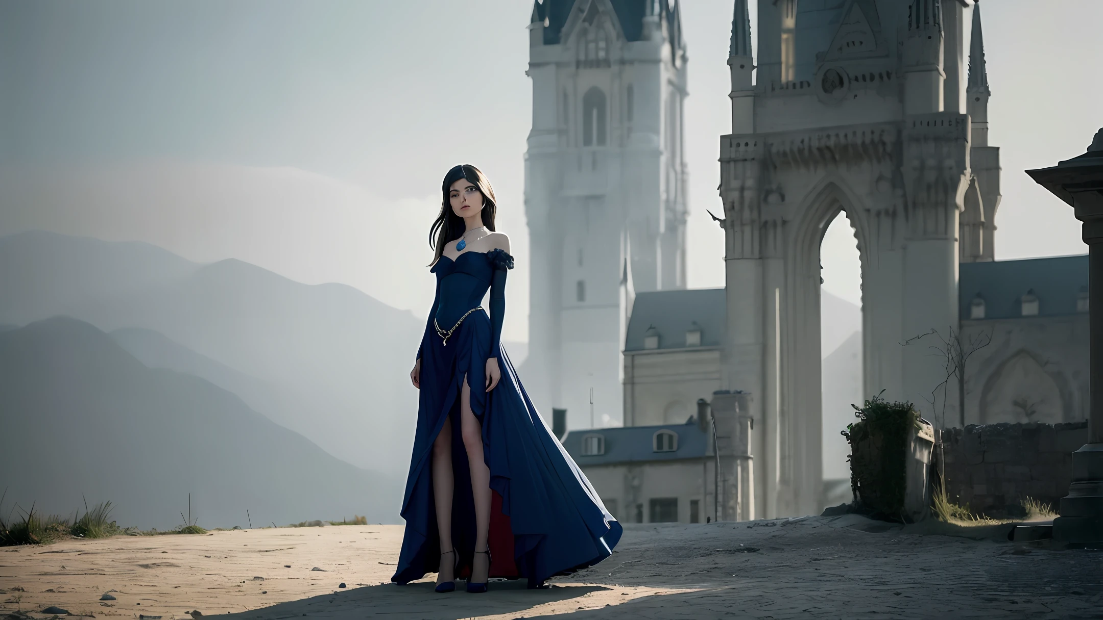 full-length portrait of a perfect girl 20 old, standing against the backdrop of a Gothic castle in a dress in the style of Alexandr McQueen blue, the girl's face is perfect, the figure of the girl is graceful and graceful, the bust is small, on the graceful neck is a precious necklace with red diamonds, the girl's eyes are the color of lapis lazuli, the eyelashes are long and graceful, the girl's nose is neat, the face is oval, the girl's shoes are in the style of Jimmy Choo, the image was taken with a Hasselblad X2D 100C camera lens XCD 100mm f0 / 9, the image is ultra clear, hyper-details, photo resolution is 100 megapixels, Rawphoto, light on photo dramatic, cinematic, photo taken in the style of William Mortensen, color.