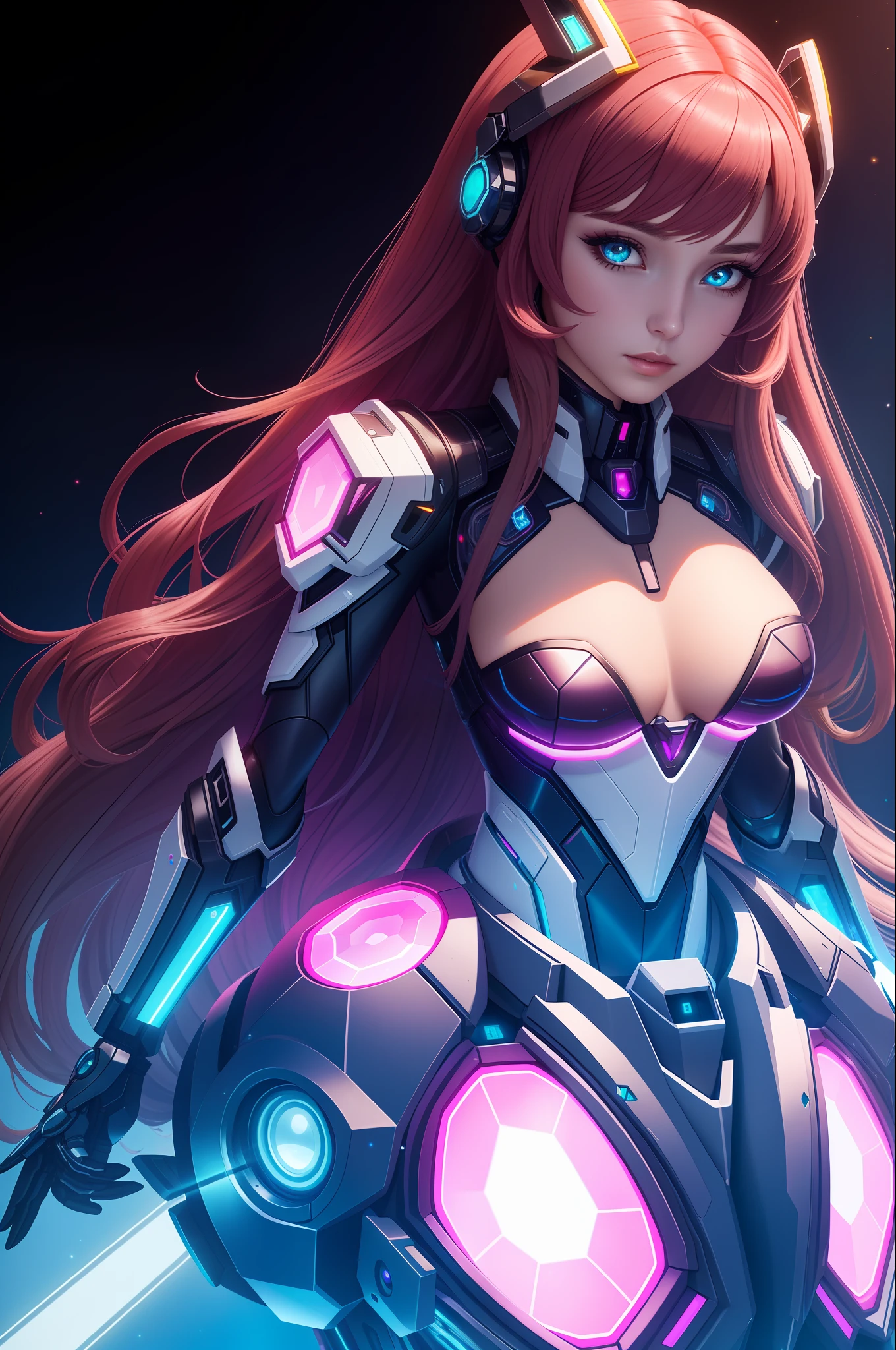 A confident and submissive goddess performs a portrait, dressed in futuristic crystal armor and edgMechaGirl cyber_armor:1.2 mech suit, coral eyes, Titian hair, long hair hanging low, flat chest, and a perfect face in absurd details.