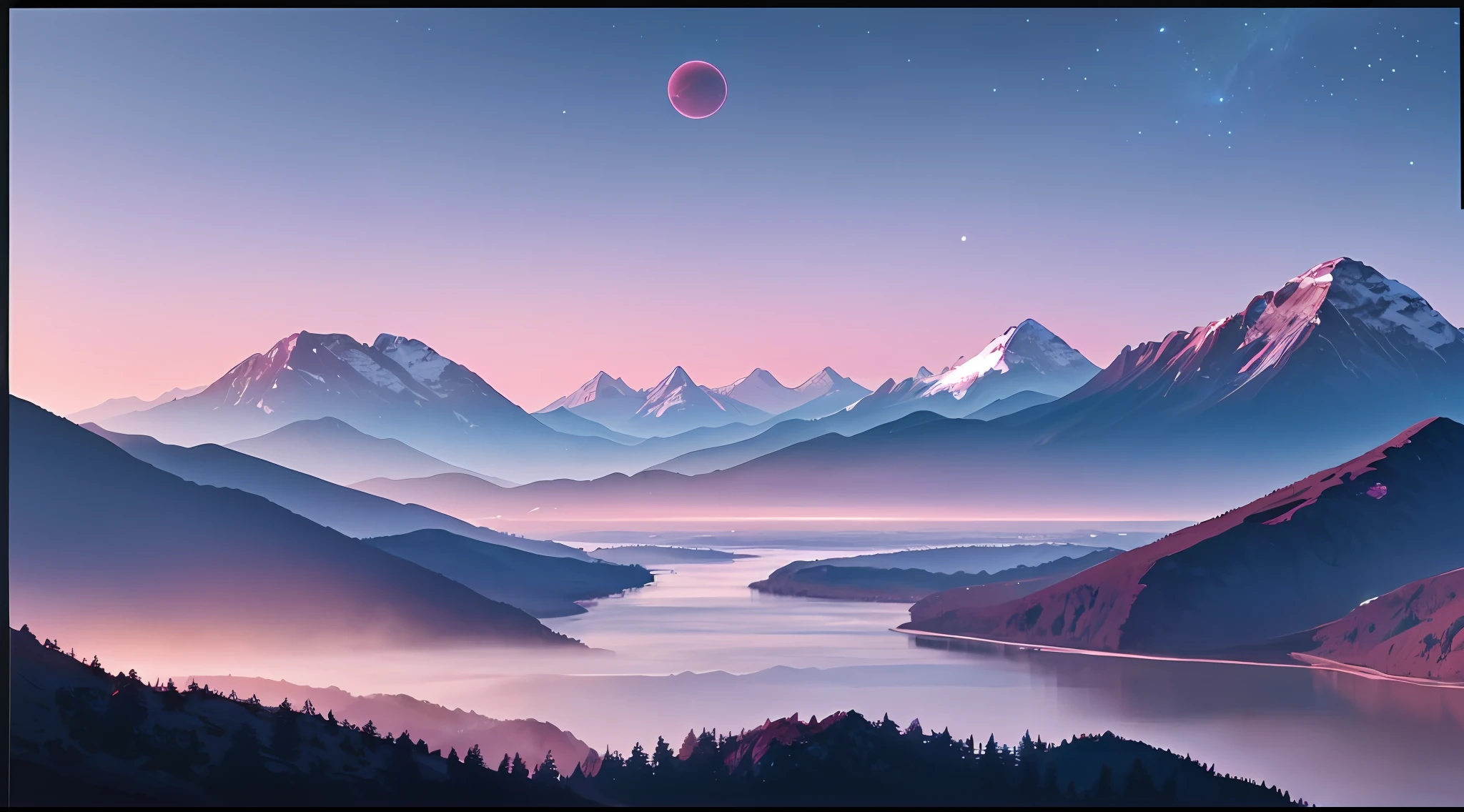 mountains and a river in the foreground with a planet in the distance, forest pink fog planet, landscape wallpaper, planet landscape, 4 k hd illustrative wallpaper, landscape of an alien world, scenery wallpaper aesthetic, 4 k hd wallpaper illustration, 8k hd wallpaper digital art, 8k wallpaper, 8 k wallpaper, anime landscape wallpaper, background art, vaporwave wallpaper environment