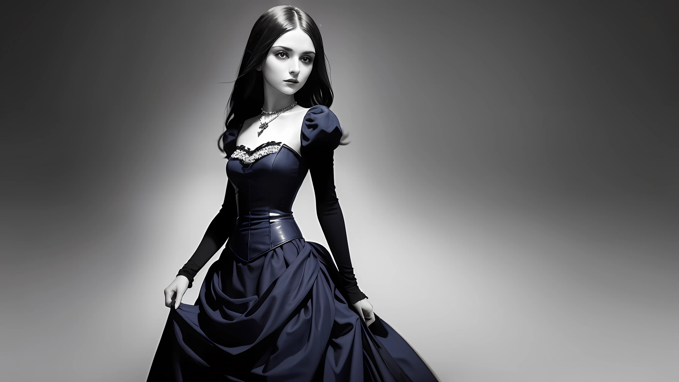 full-length portrait of a perfect girl 20 old, standing against the backdrop of a Gothic castle in a dress in the style of Alexandr McQueen blue, the girl's face is perfect, the figure of the girl is graceful and graceful, the bust is small, on the graceful neck is a precious necklace with red diamonds, the girl's eyes are the color of lapis lazuli,  the eyelashes are long and graceful, the girl's nose is neat, the face is oval, the girl's shoes are in the style of Jimmy Choo, the image was taken with a Hasselblad X2D 100C camera lens XCD 100mm f0 / 9, the image is ultra clear, hyper-details, photo resolution is 100 megapixels, Rawphoto, light on  photo dramatic, cinematic, photo taken in the style of William Mortensen, color.