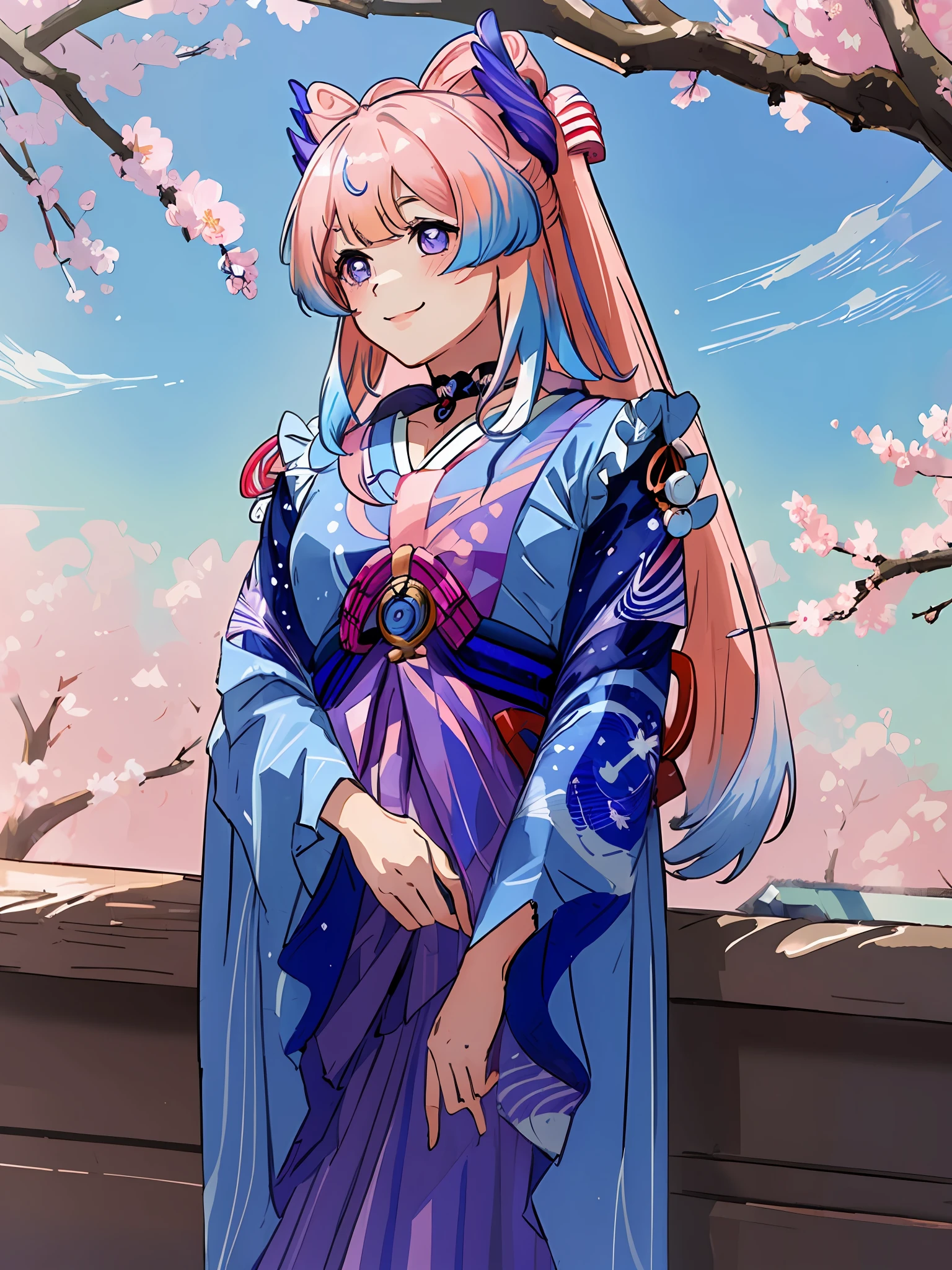 (((masterpiece))),(((best quality))), ((ultra-detailed)), (best illustration), 1girl, solo, blush, smug, smile, purple eyes, choker, gradient eyes, no pupils, multicolored_hair, pink hair, blue hair, long hair,sangonomiya kokomi, ((kimono)), outdoors, sakura trees, sakura, facing towards viewer, front view