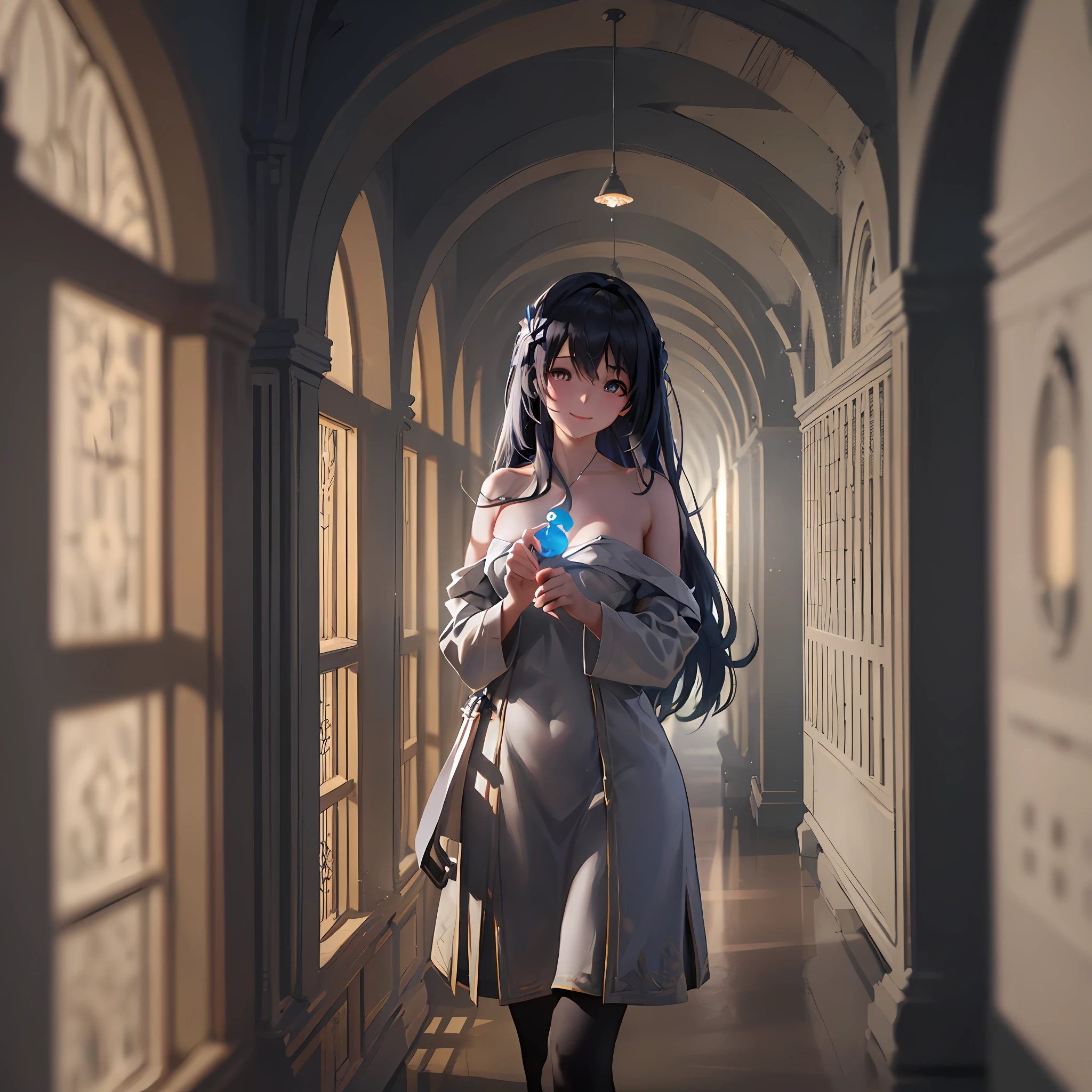 professional cinematic photo of a girl wandering in a hall, smiling, detailed face, ultimate shadow depth, f/45 aperture, complex busy settings, busy setting, luminism, ultra bioluminescence, god rays, warm colors, high contrast, high focus, best Form shadows, best Shadow receiving bounced light, best Core shadows, best Cast shadows, best Occlusion shadows, ultra intricate shadow-light play,