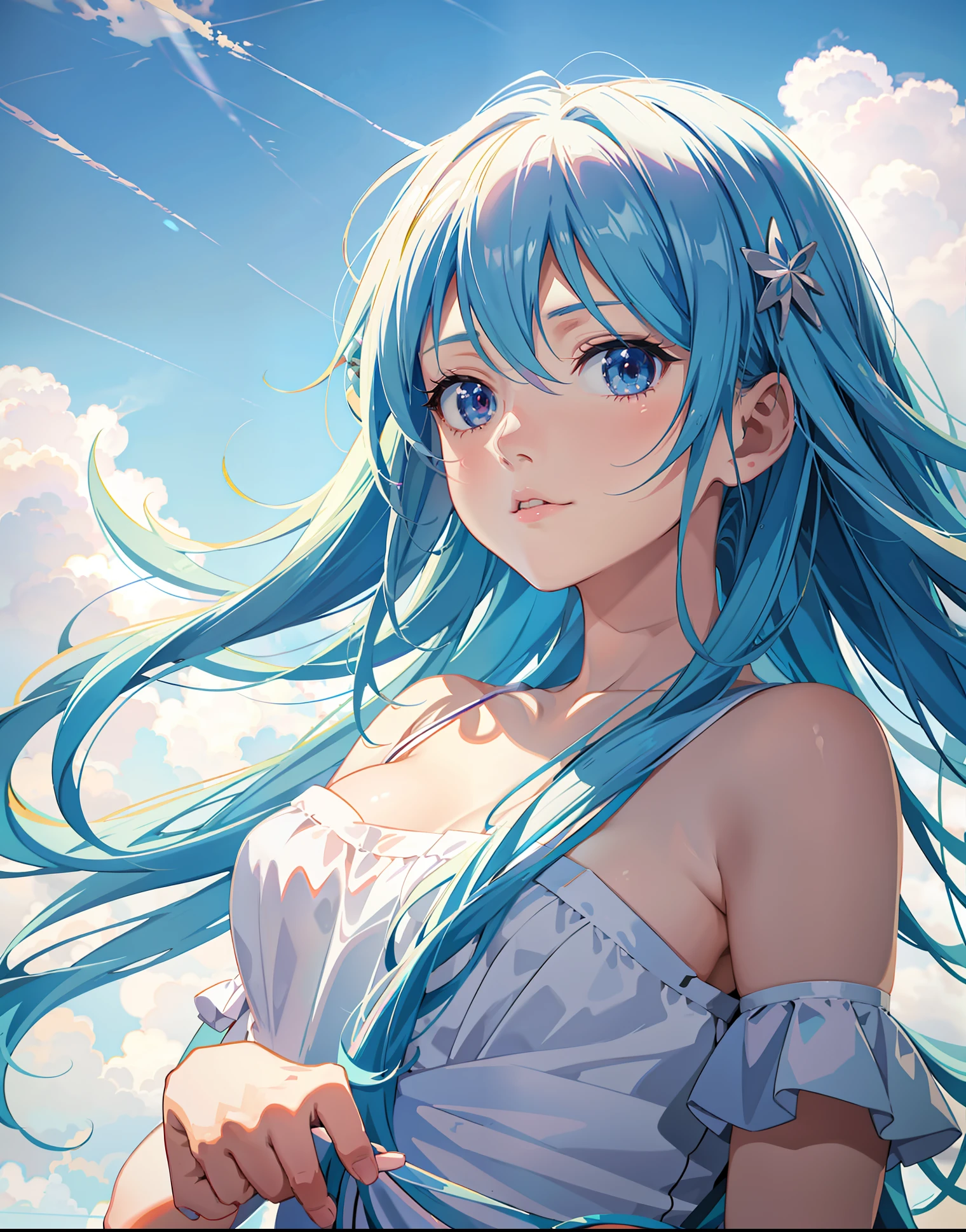 anime girl with blue hair and white dress posing for a picture, anime style 4 k, beautiful anime girl, anime style. 8k, smooth anime cg art, photorealistic anime girl render, beautiful anime portrait, anime art wallpaper 8 k, anime wallpaper 4 k, anime wallpaper 4k, anime art wallpaper 4k, anime art wallpaper 4 k, detailed digital anime art