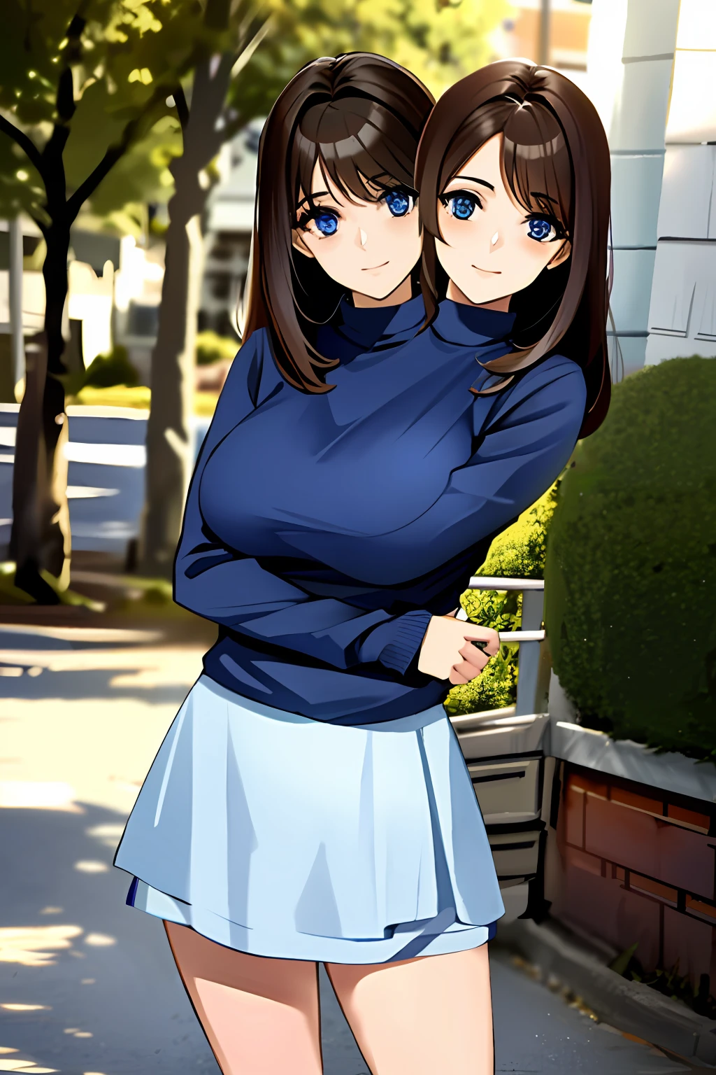 2heads, tribreasts, solo, close up, posing, long brown hair, blue sweater, outside,