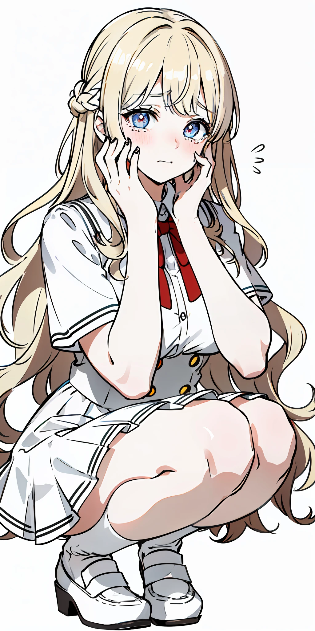 Color, (Masterpiece: 1.4), (Best Quality: 1.4), 8K, HD, Ultra HD, 1 Girl, (Big Breasts: 1.4), Long Blonde Hair, White School Uniform, Curly Hair, Blushing, Crying, ((Hands Cover Face, Eyes Covered)), Tears, Tears, Sadness, Squat