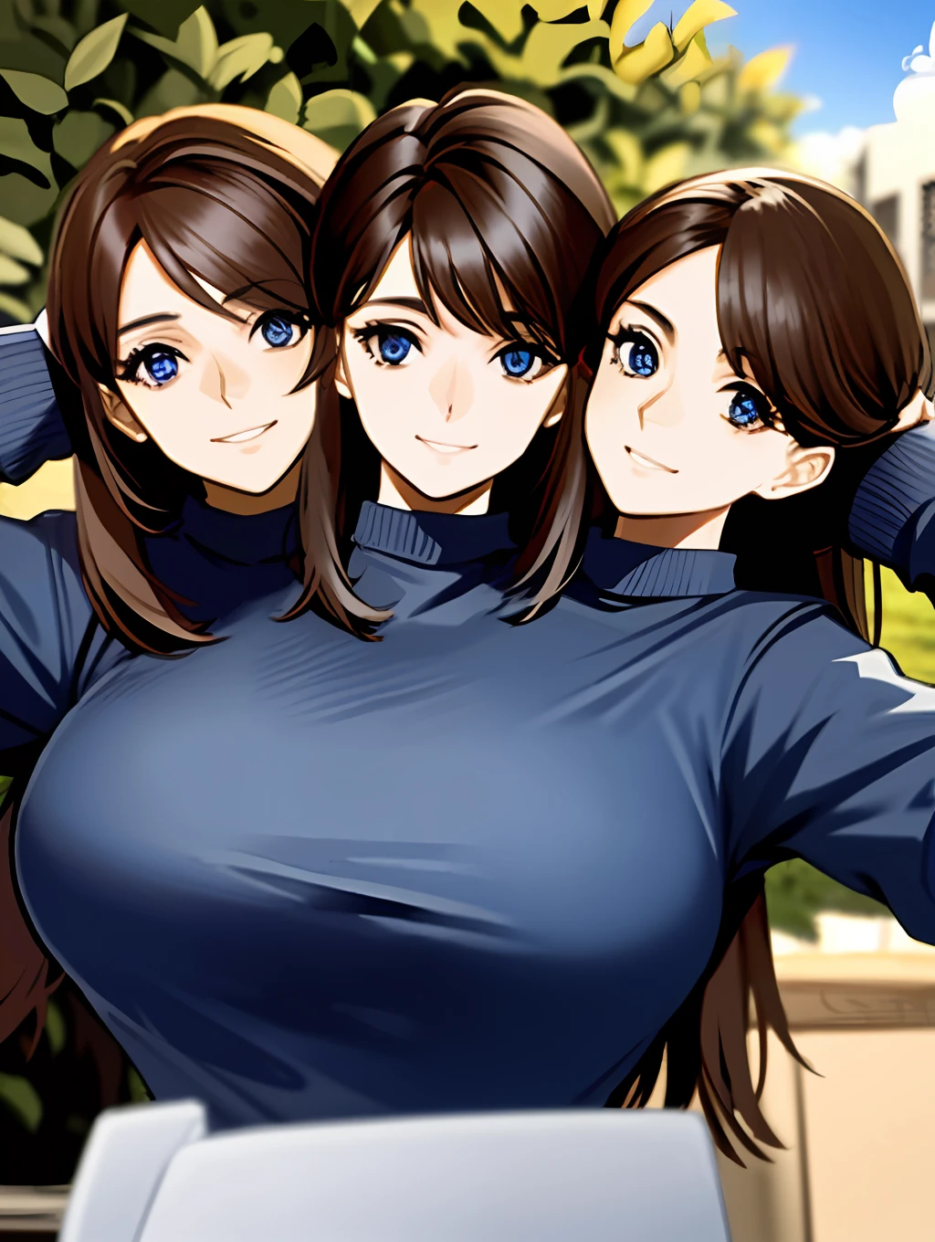 3heads, tribreasts, solo, close up, posing, long brown hair, blue sweater, outside,