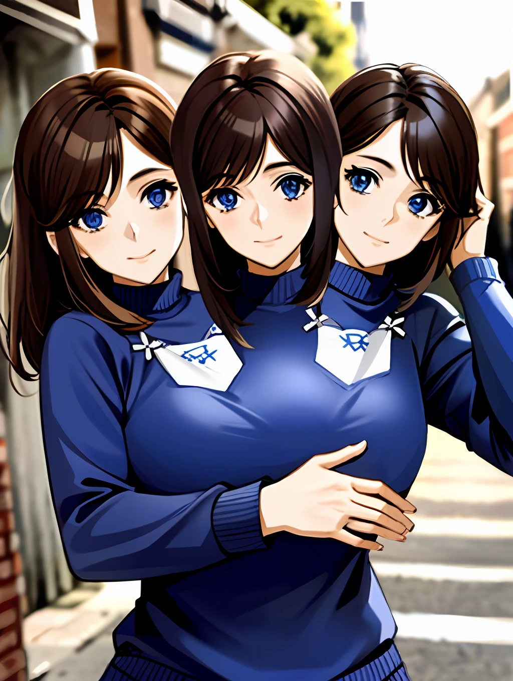 3heads, tribreasts, solo, close up, posing, long brown hair, blue sweater, outside,