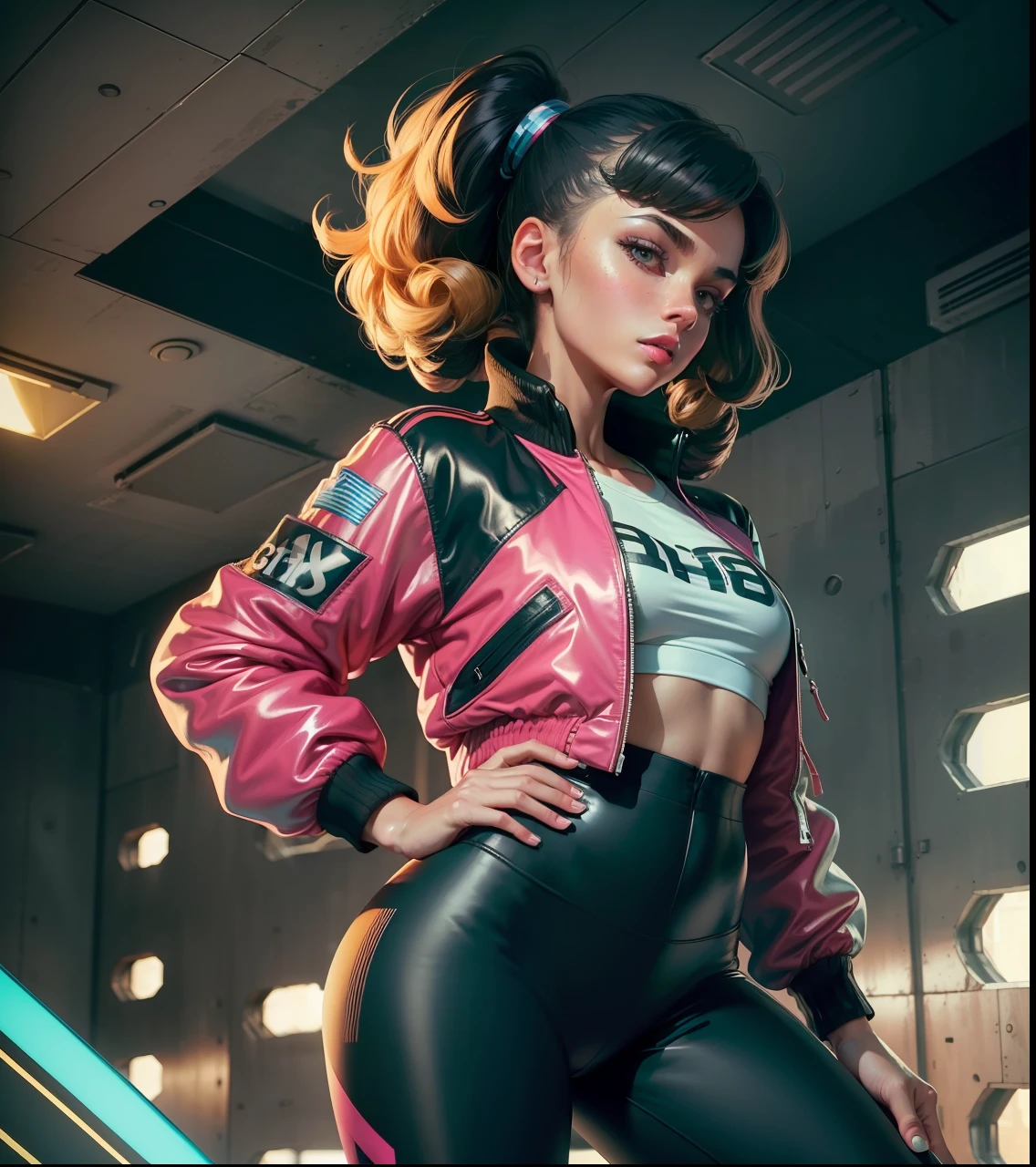1girl, young, ((leggings, retro bomber jacket 80s)), solo, official art, unity 8k wallpaper, ultra detailed, perfect hands, 4x ultrasharp, beautiful and aesthetic, masterpiece,best quality, glowing skin, the most beautiful form of chaos, elegant, a brutalist designed, vivid colours, romanticism, ((fairytaleai)),
