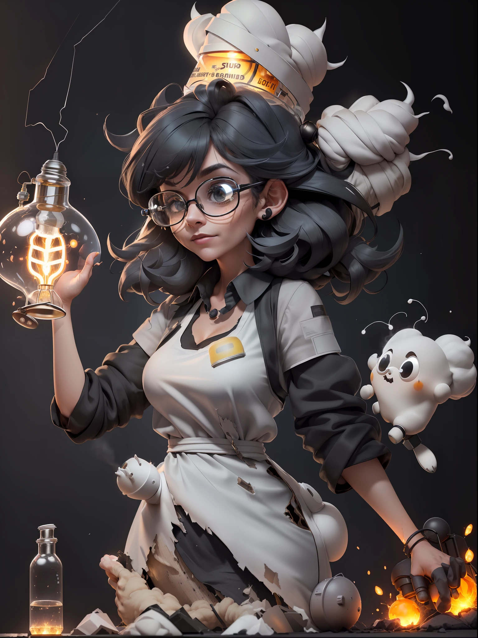 Great Lightbulb (Masterpiece: 1.5), (Best Quality: 1.5), High Definition, High Detail, 3DMM, One Woman, Solo, ((Cracked Glasses))((black soot )) (exploded hair,beard , ((exploding clothes,torn clothes,ripped cloths)) (( lab gown Top Ash Bangs)), ((A Lamp Shocks the Woman )) In the lab she carries me to (((an electrified big Lightbulb))), it explodes, hair standing with ash on it , cute, glowing and electric lamps, ((ashes explosion on the face)), ((indoor,lab,black smoke,smoke,fire,beaker,flask,science equipment,explosion,fire))