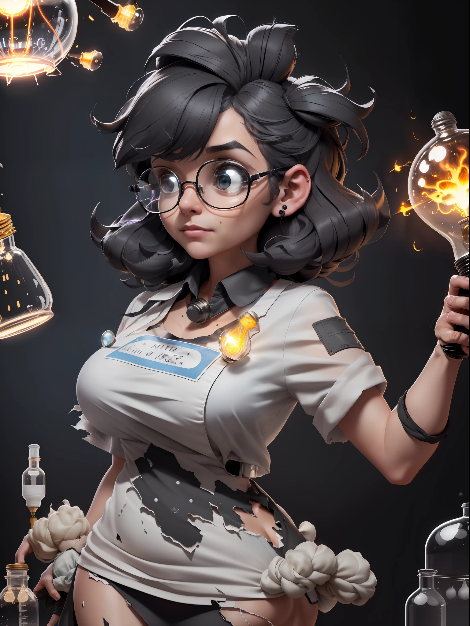 Great Lightbulb (Masterpiece: 1.5), (Best Quality: 1.5), High Definition, High Detail, 3DMM, One Woman, Solo, ((Cracked Glasses))((black soot )) (exploded hair,beard , ((exploding clothes,torn clothes,ripped cloths)) (( lab gown Top Ash Bangs)), ((A Lamp Shocks the Woman )) In the lab she carries me to (((an electrified big Lightbulb))), it explodes, hair standing with ash on it , cute, glowing and electric lamps, ((ashes explosion on the face)), ((indoor,lab,black smoke,smoke,fire,beaker,flask,science equipment,explosion,fire))