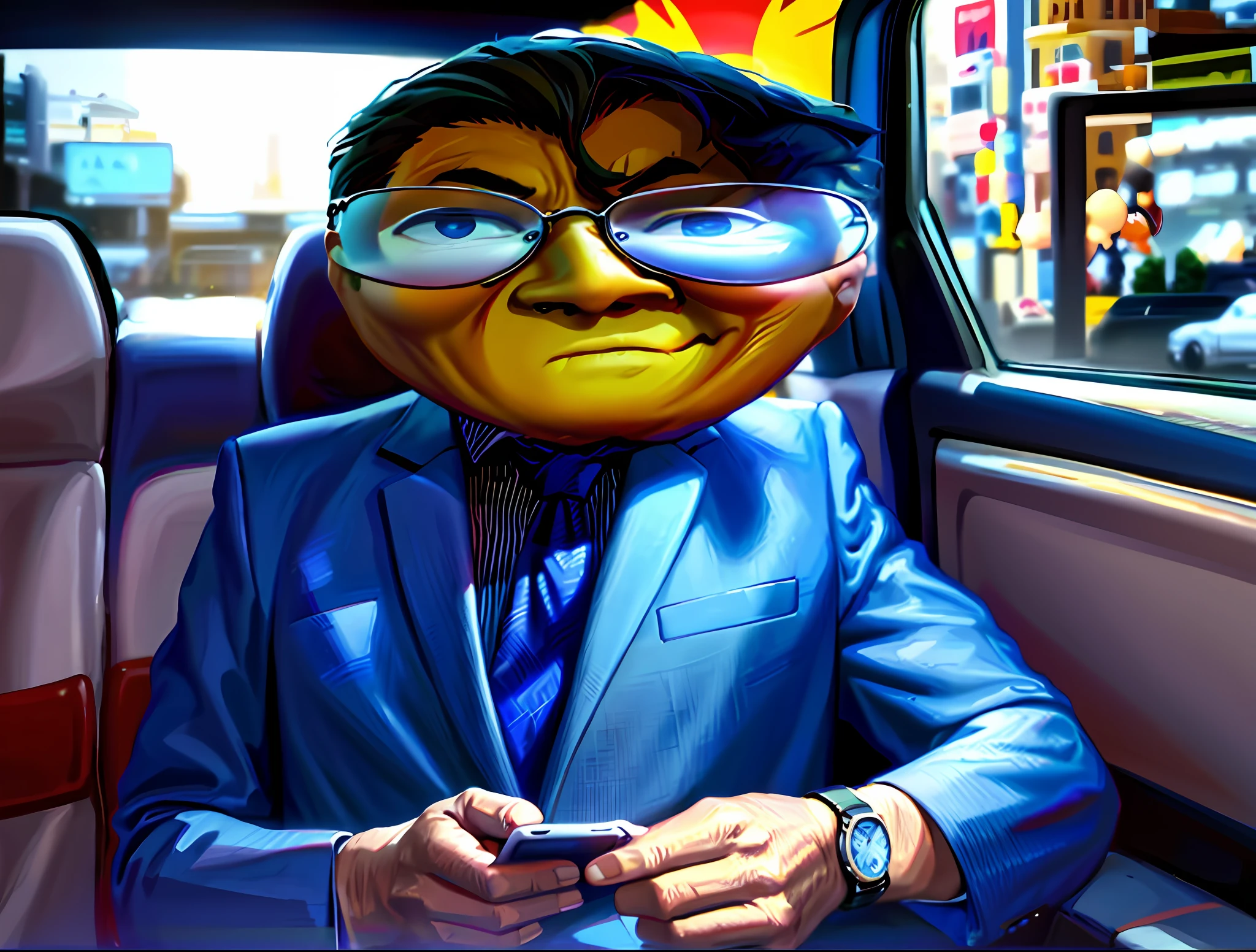 arafed man in a suit and tie sitting in a car with a cell phone, anonymous as a car, aykut aydogdu, he is wearing a suit, snapchat photo, telegram sticker, with round face, driving a car, eric cartman in real life, wearing a suit and glasses, peter griffin as a real person, peter griffin in real life