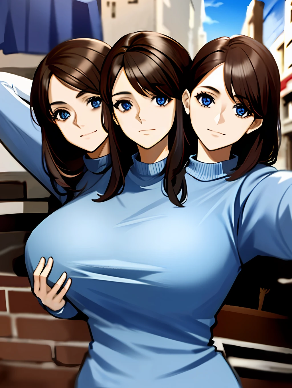 3heads, tribreasts, solo, close up, posing, long brown hair, blue sweater, outside,