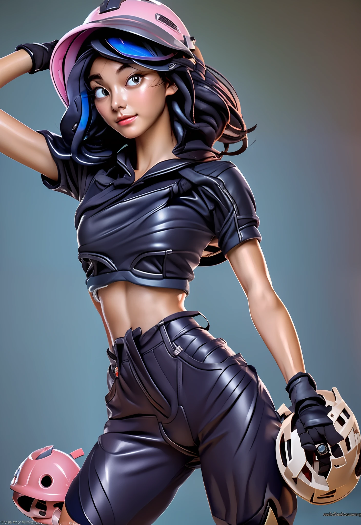 (Photorealistic: 1.4), welder, sweat, thin white tank top, (close-up), helmet, work pants, gloves, blush, perfect abs, muscles, arms behind the head, revealing clothes, small area clothes, (body oiled), high definition, detailed ((sexy)), (bewitching eyes)), (),(perfect eyes),(clean eyes)