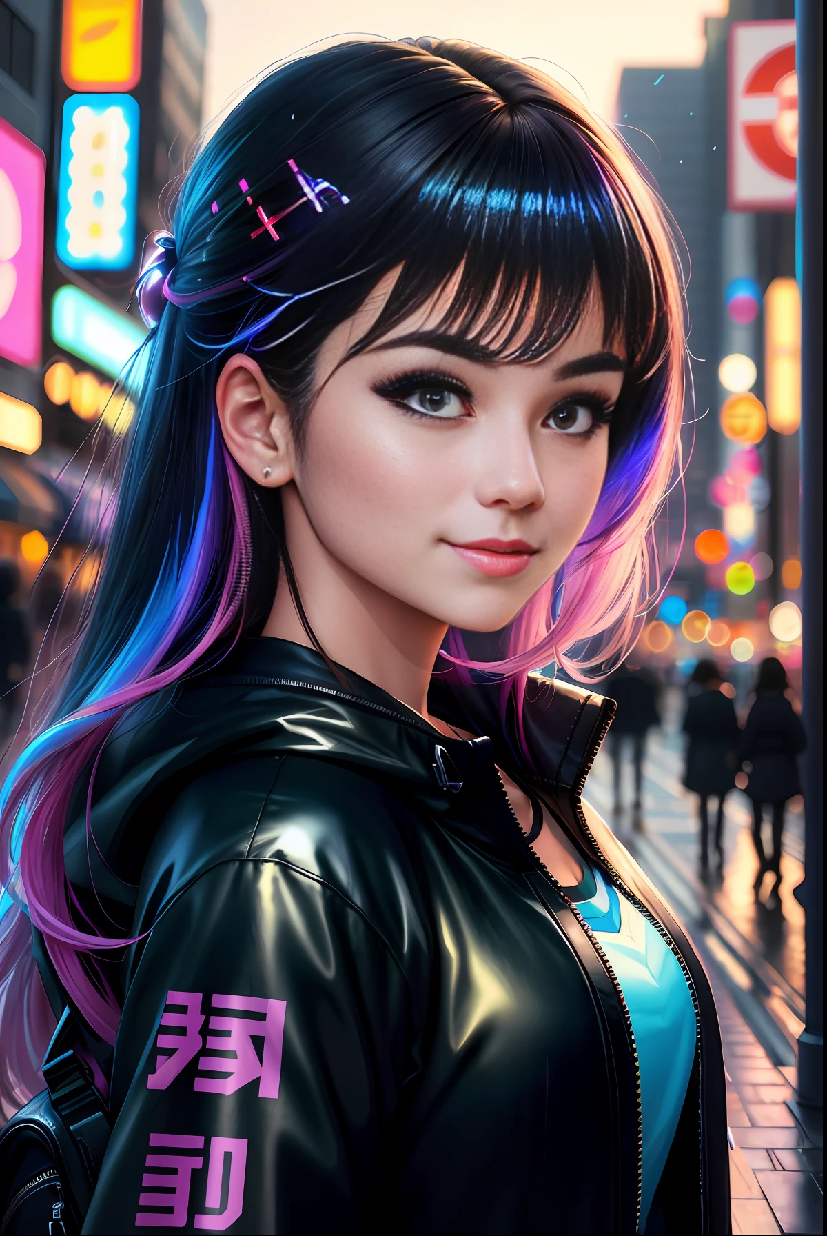 manga, masterpiece, best quality, bust, portrait, night city, 1girl, anime, 3D, japan, pixar, reality, shoujo, smile, cute face, harajuku fashion style, raincoat, beautiful, colorful, neon, cyberpunk, smooth skin, illustration, artstation, stanley artgerm lau painting, side view, perspective, very detailed 8K, smooth, high resolution, super quality, highly detailed eyes, highly detailed mouth, Highly detailed face, perfect eyes, both eyes are the same, real light, glare, iridescent color, global illumination, real hair movement, real light, real shadow, real face, hd, 2k, 4k, 8k, 16k, realistic light, realistic shadow, bright eyes, fluorescent eyes, soft light, dream light