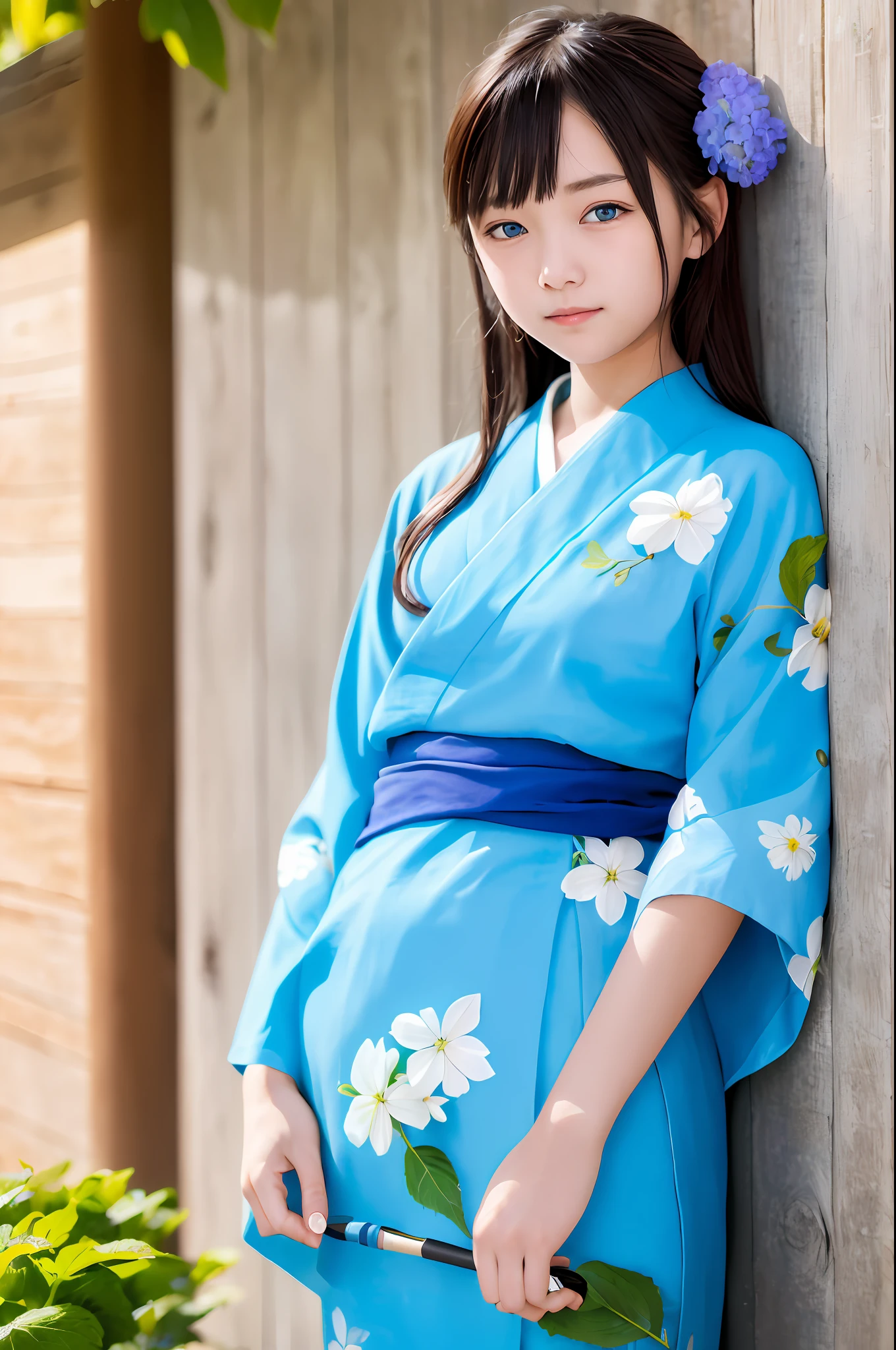 ((Masterpiece, Top Quality, Ultra Definition, High Definition)), Solo, Beautiful Girl, Shining Eyes, Perfect Eyes, Odd Eye, 16 years old, Blue theme, Yukata, Hydrangea