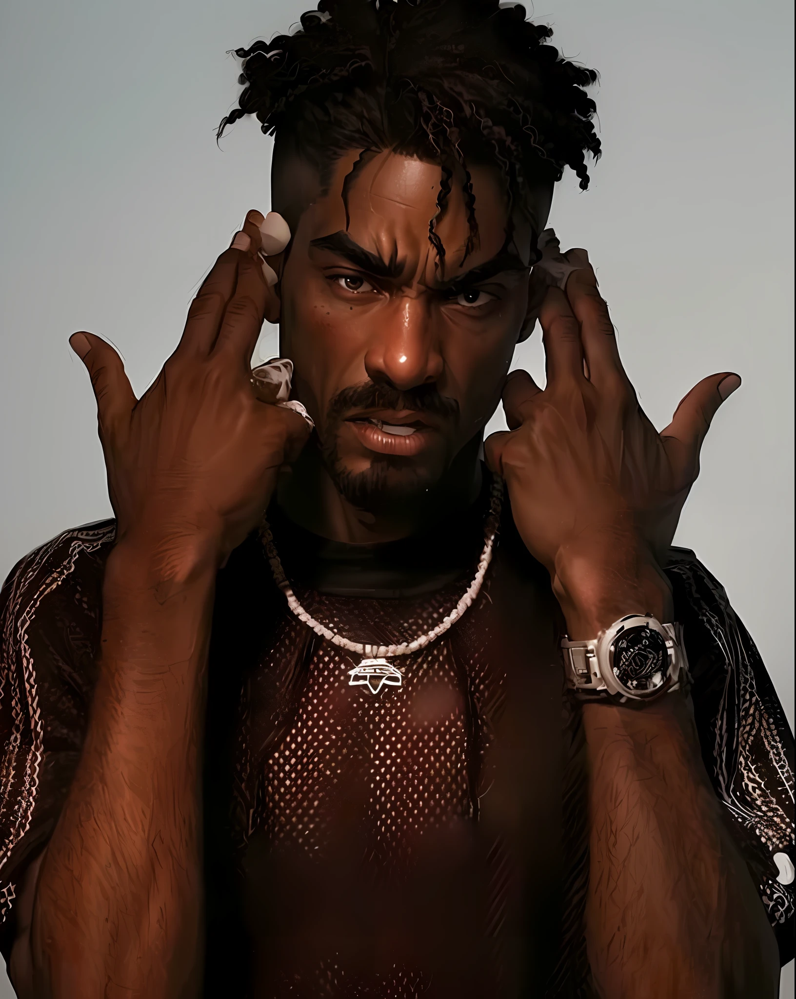 ((Best Quality)), ((Masterpiece)), ((Reality)), (1 Man: 1.5), A Man's Caricature Image with (Very Aggressive Face:1.2), Black & White Comic Style, Ultra Detailed, Close Up Intensity, Monochrome Intensity, (B&W: 1.3), Clean Face, Epic Shot Poster, Swag, Hoody Black, Rapper, (Hairstyle: Dirty Braid), Delicate, (Expression: Confident)