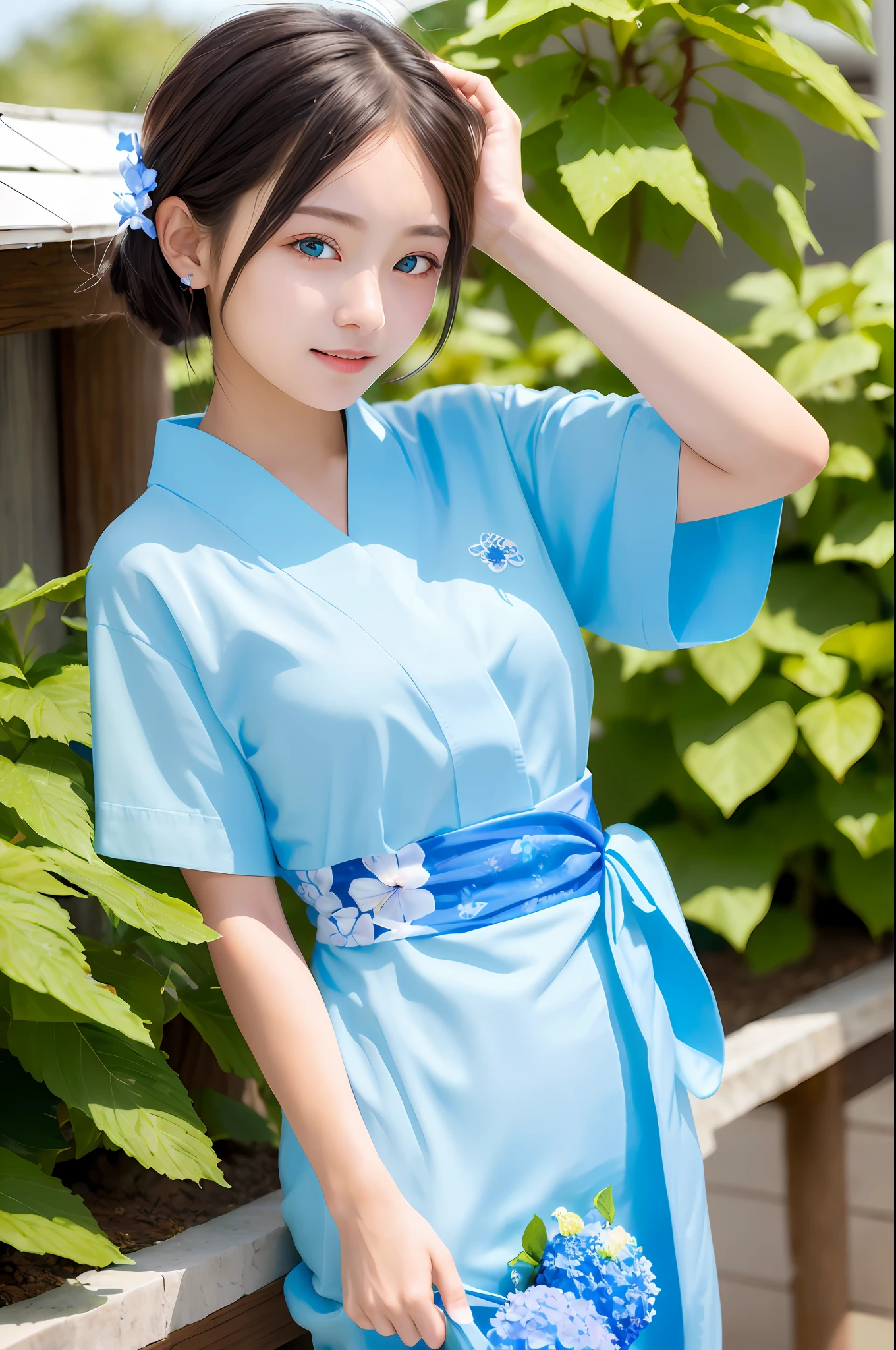 ((Masterpiece, Top Quality, Ultra Definition, High Definition)), Solo, Beautiful Girl, Shining Eyes, Perfect Eyes, Odd Eye, 16 years old, Blue theme, Yukata, Hydrangea